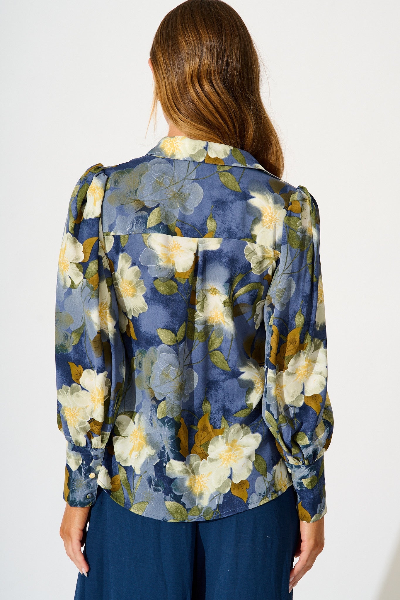 Nolita Shirt in Multi Blue Floral Print Satin