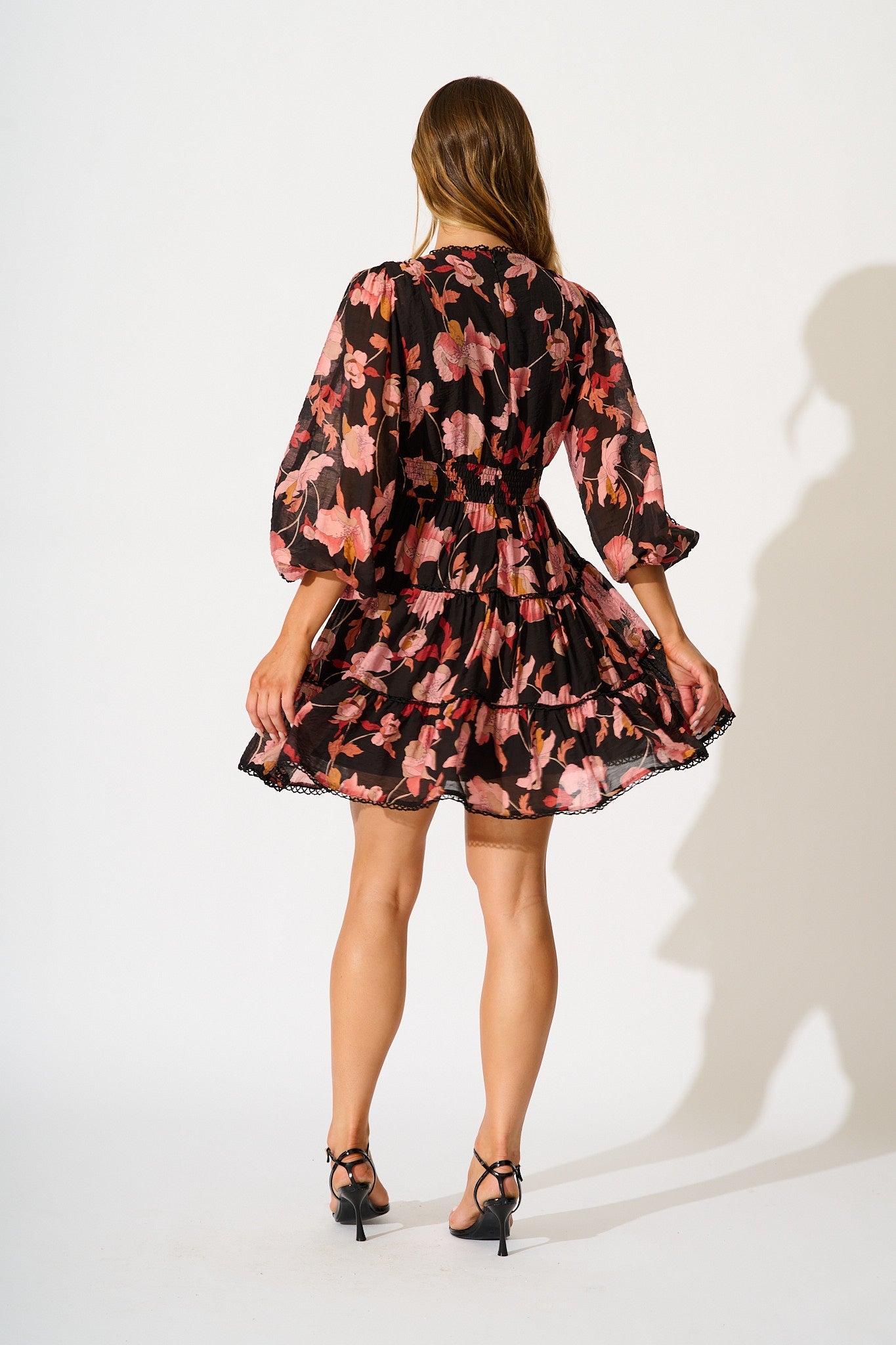 Riverstone Dress in Black Floral with Black Lace Trim