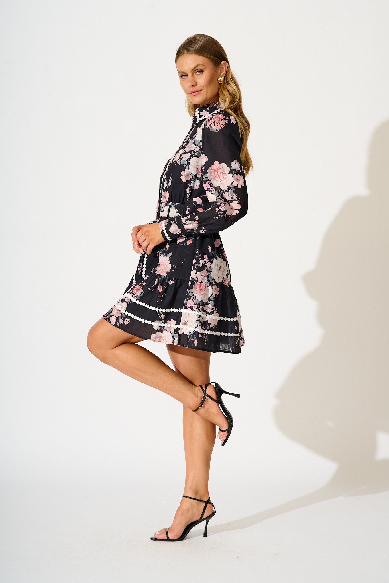Wild Flower Muse Shirt Dress in Black with Blush Floral