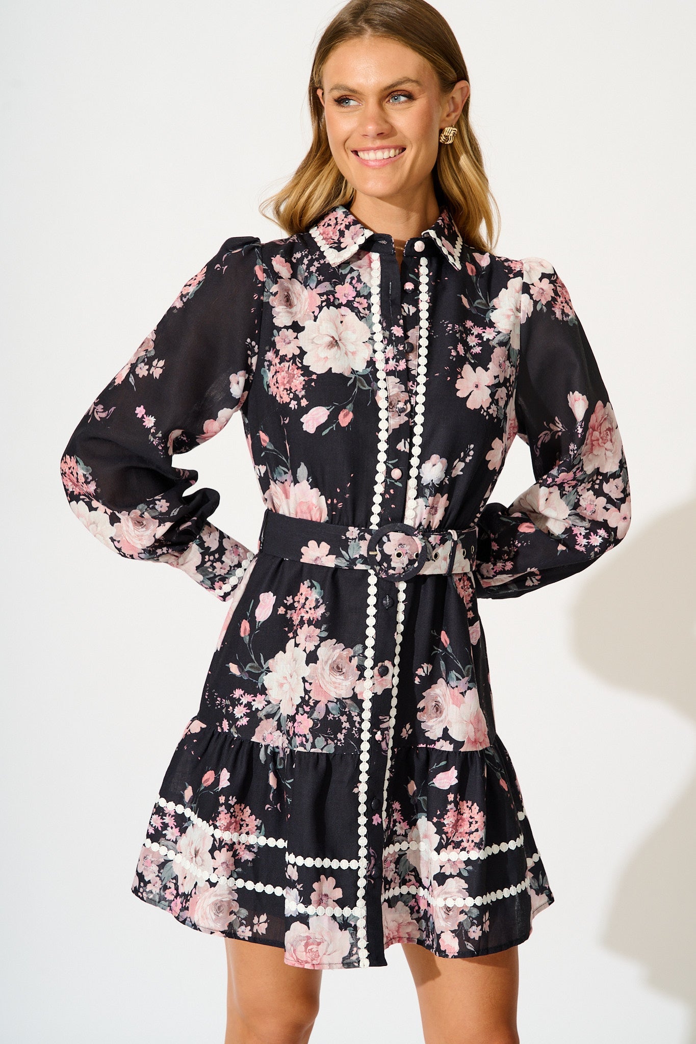 Wild Flower Muse Shirt Dress in Black with Blush Floral