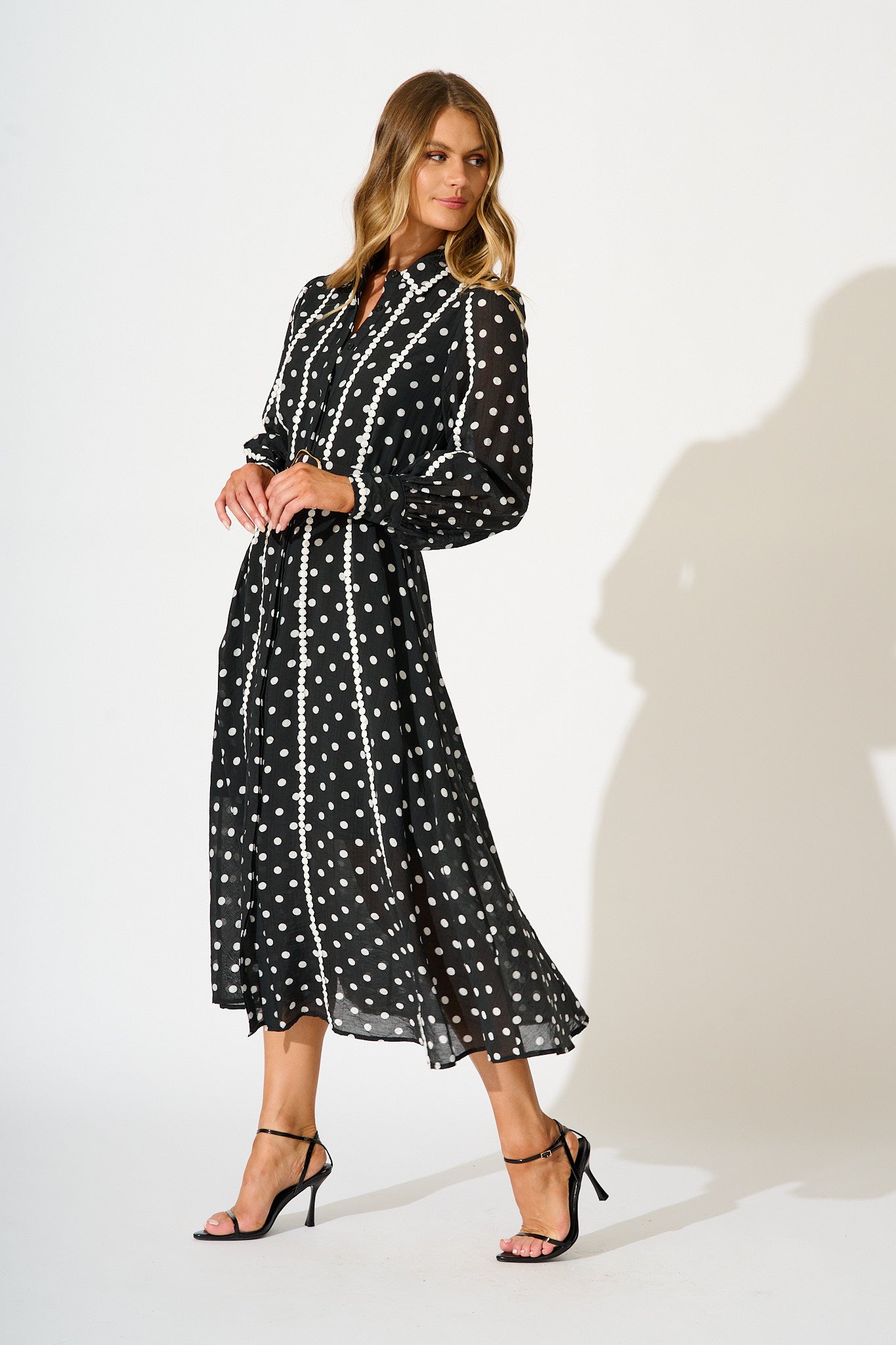 Lovingly Maxi Shirt Dress in Black with White Polka Dot