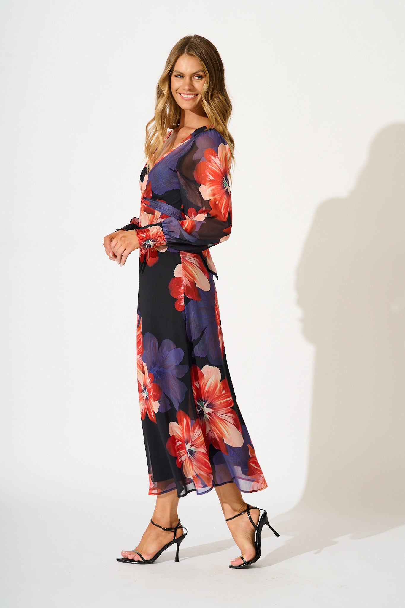 Midnight Magnolia Maxi Dress in Black with Red Floral Chiffon