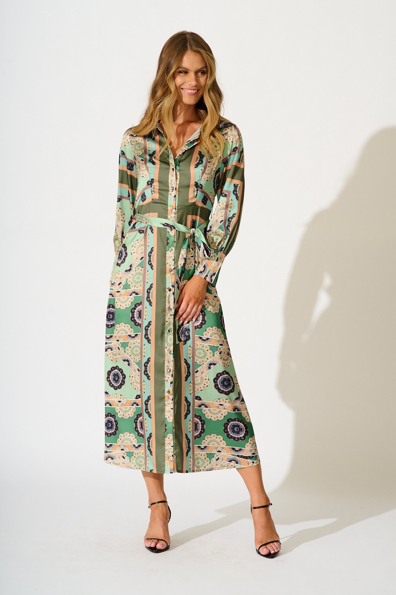 Newman Maxi Shirt Dress in Multi Green Print Satin