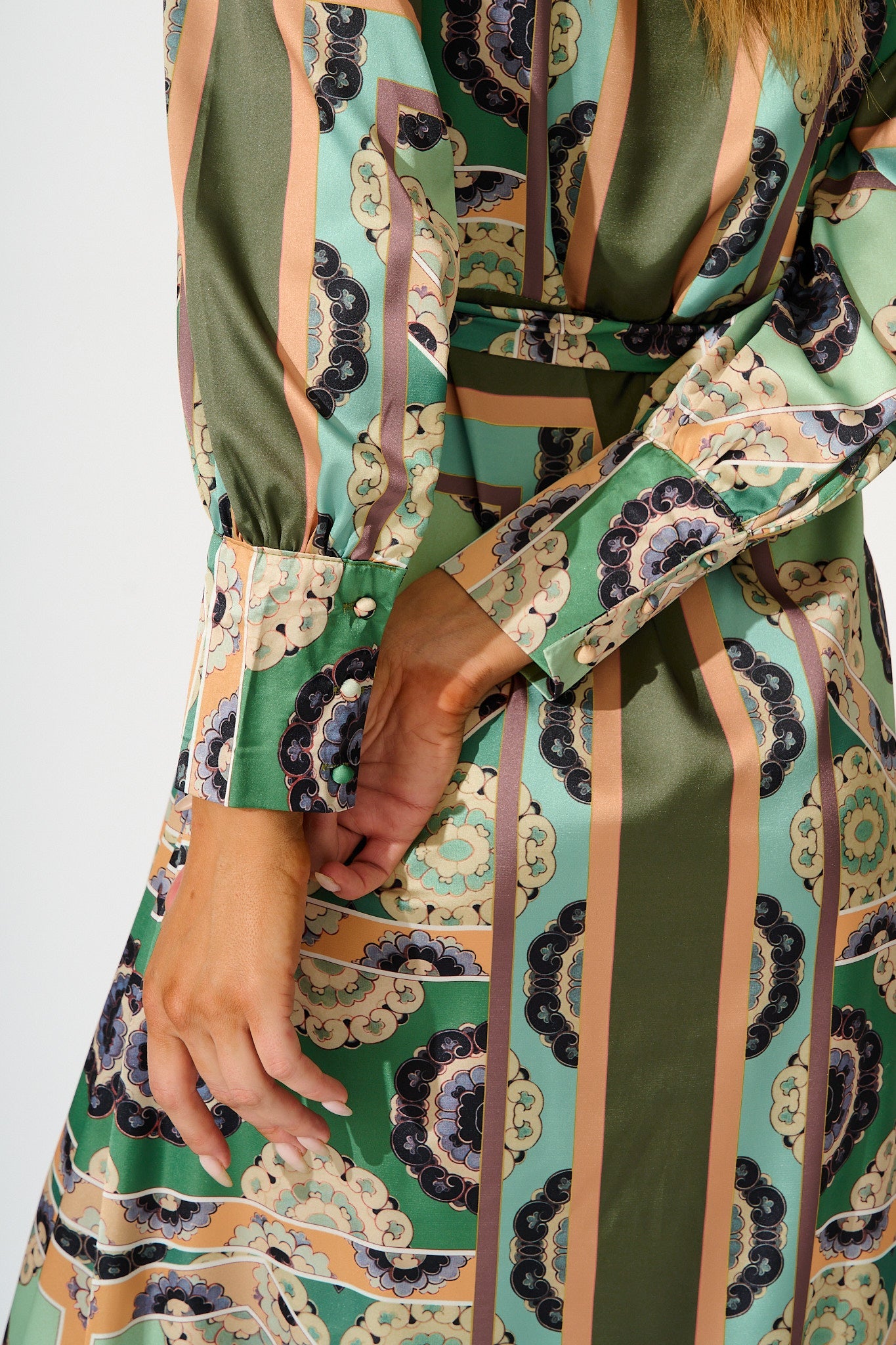 Newman Maxi Shirt Dress in Multi Green Print Satin