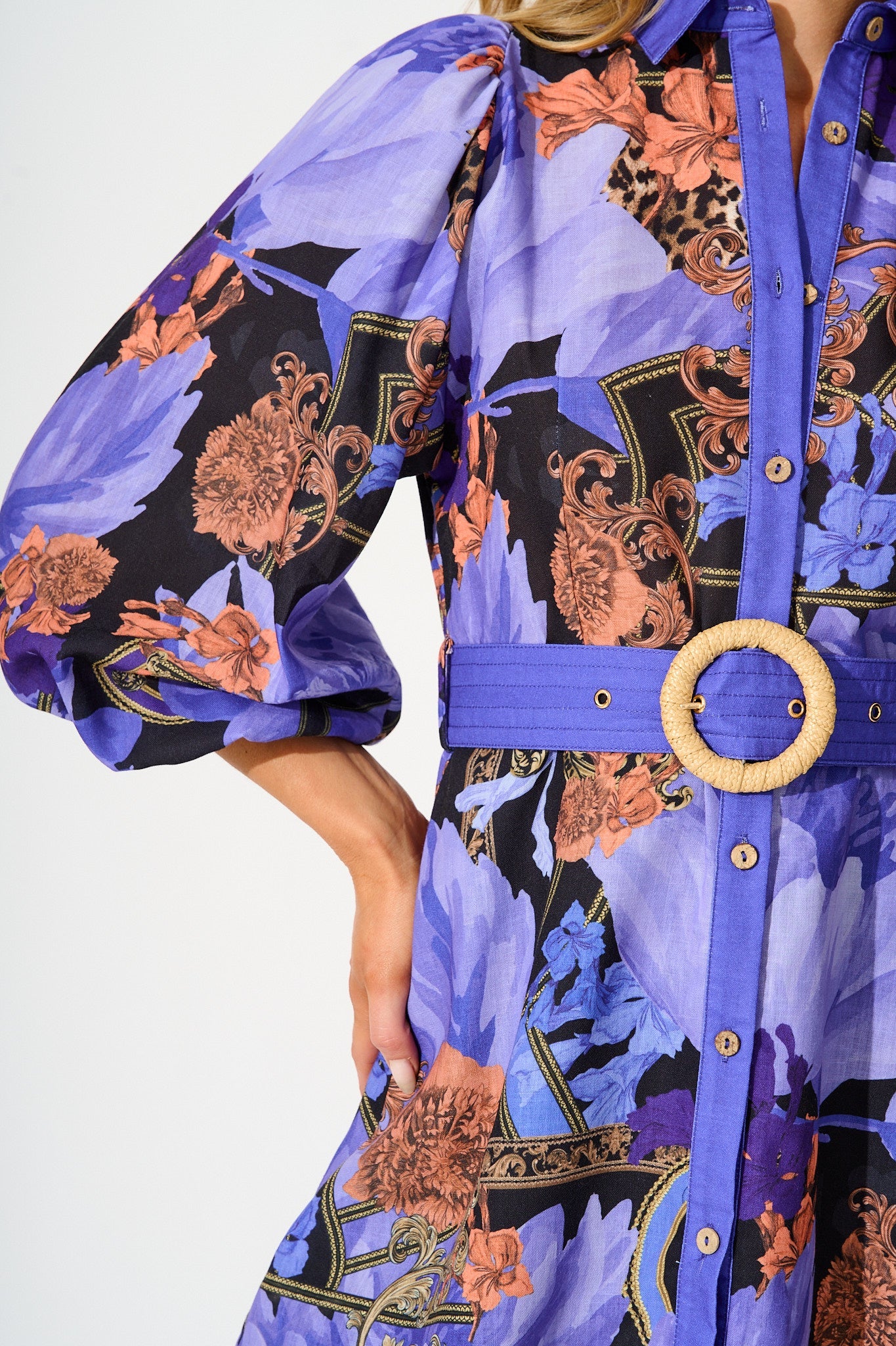 Lunar Bloom Shirt Dress in Blue with Multi Linen Blend