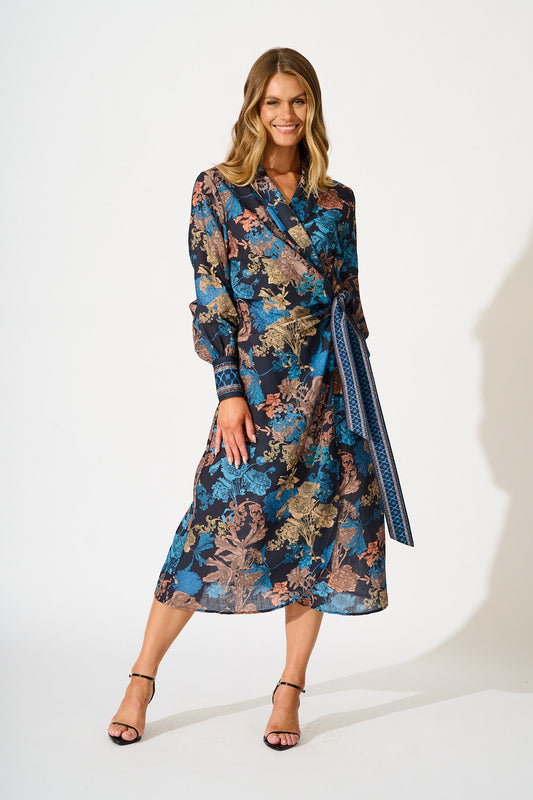 Garden Whispers Midi Dress in Black Multi Floral Linen Blend