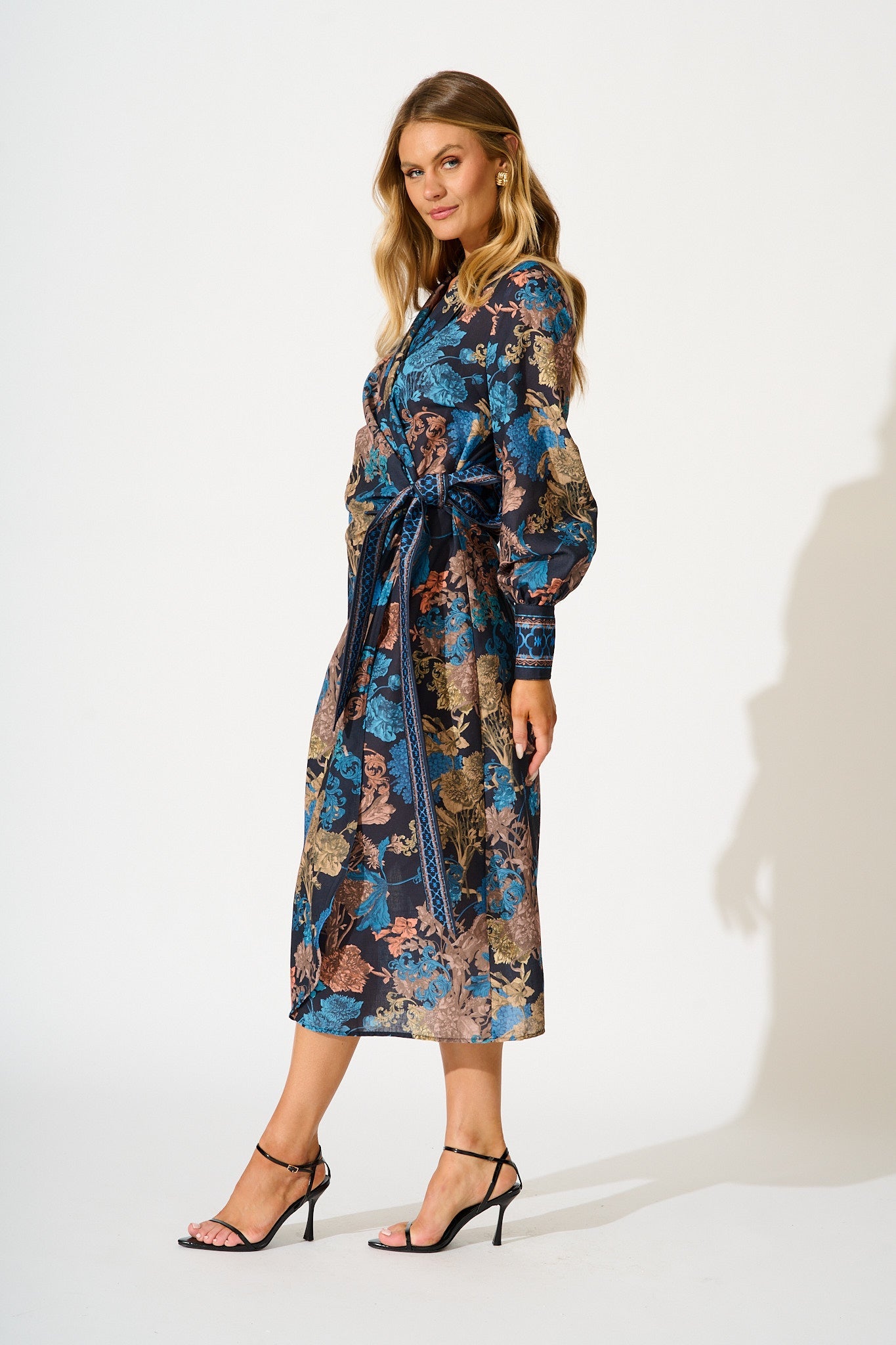 Garden Whispers Midi Dress in Black Multi Floral Linen Blend