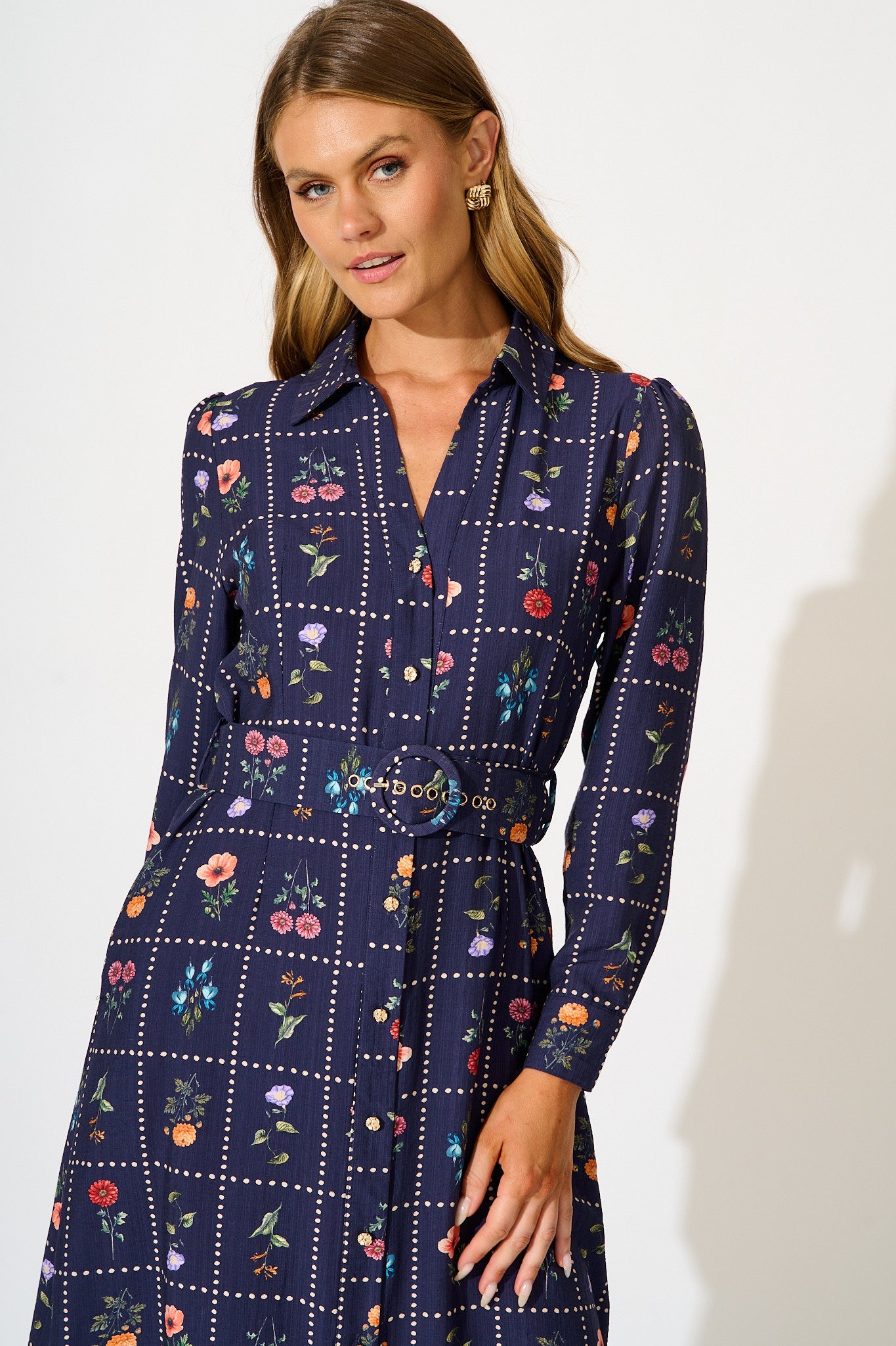 Framed in Florals Midi Shirt Dress in Navy with Multi Floral