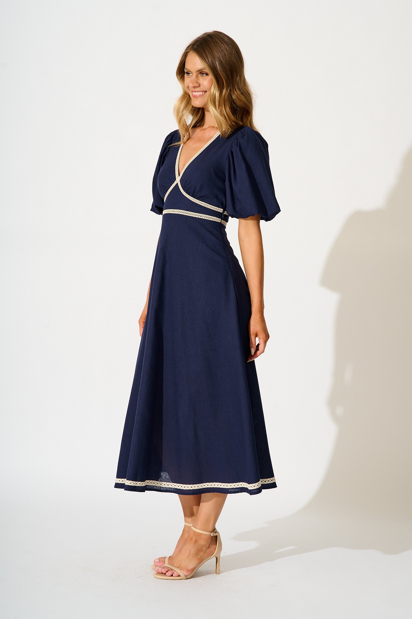 Soft Serenade Midi Dress in Navy Linen Blend