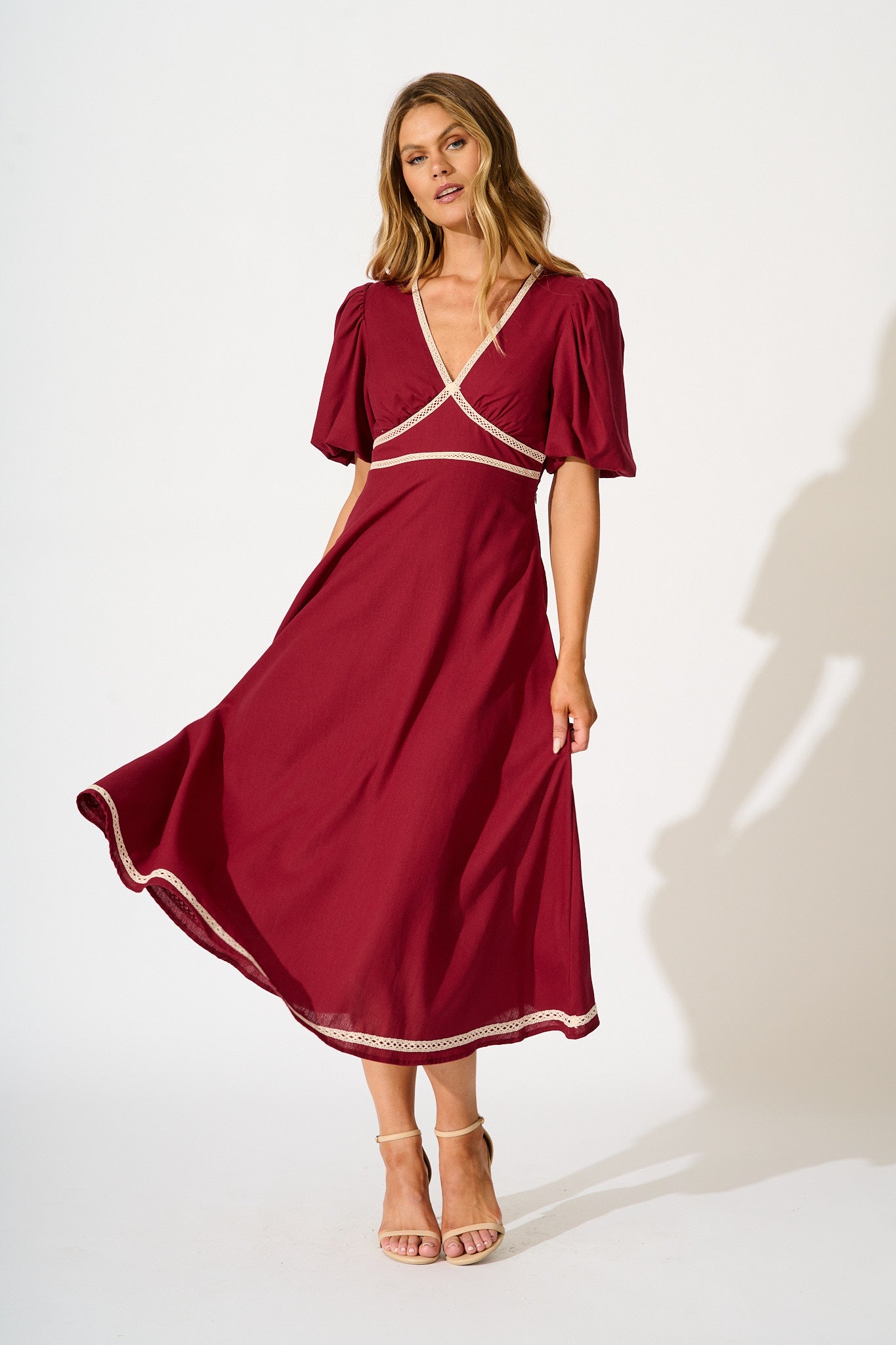 Soft Serenade Midi Dress in Wine Linen Blend