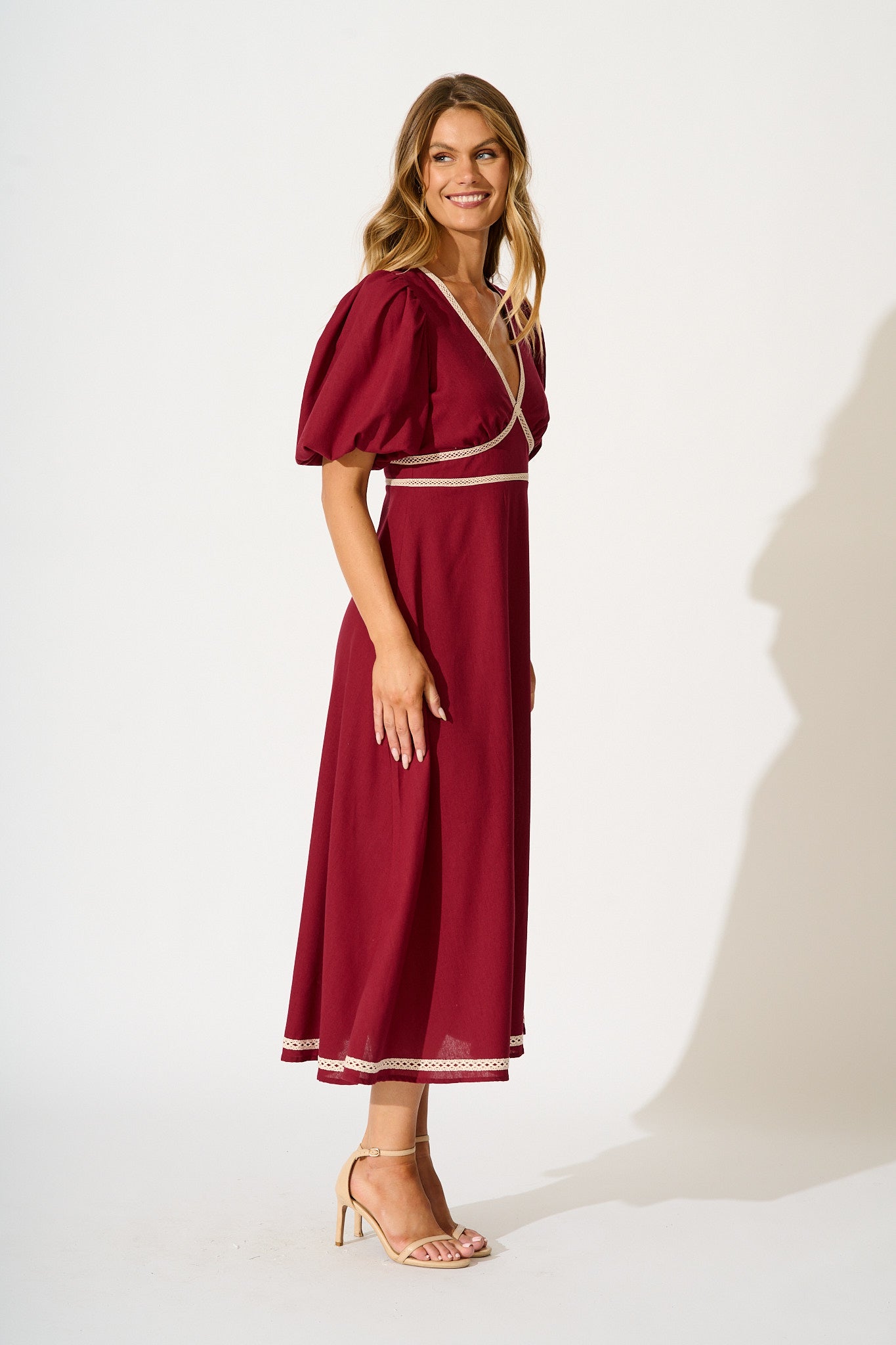 Soft Serenade Midi Dress in Wine Linen Blend