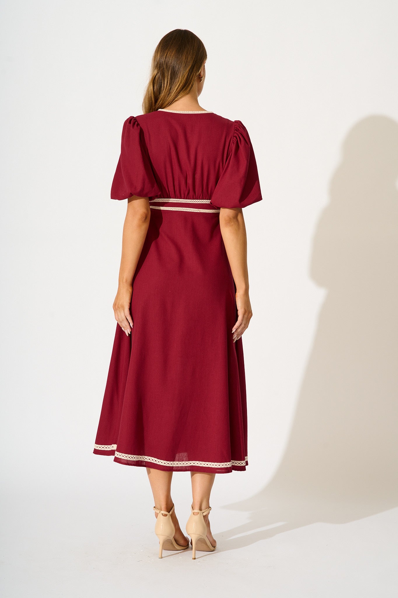 Soft Serenade Midi Dress in Wine Linen Blend