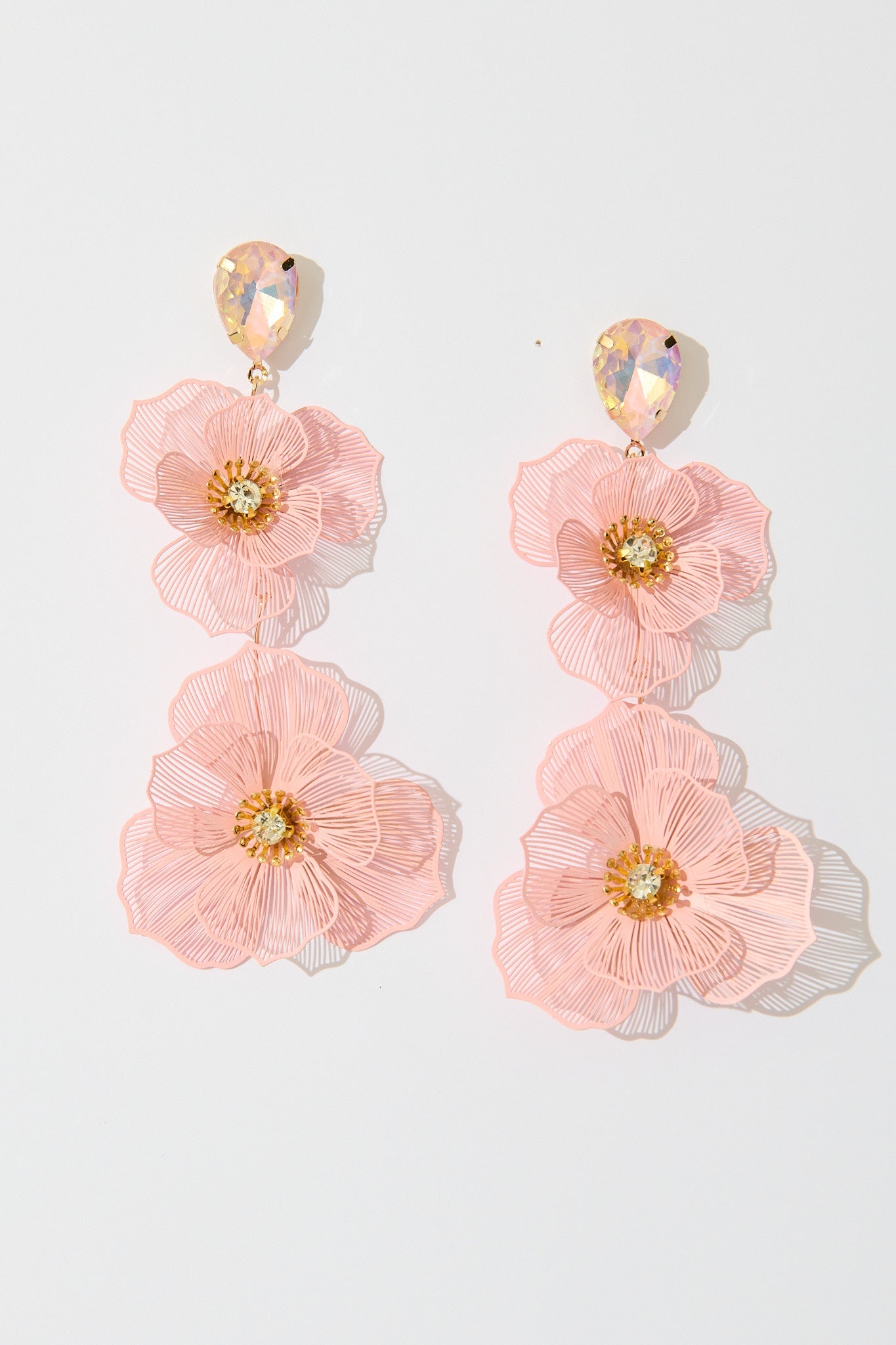 Mariana Double Flower Drop Earrings In Blush with Stone