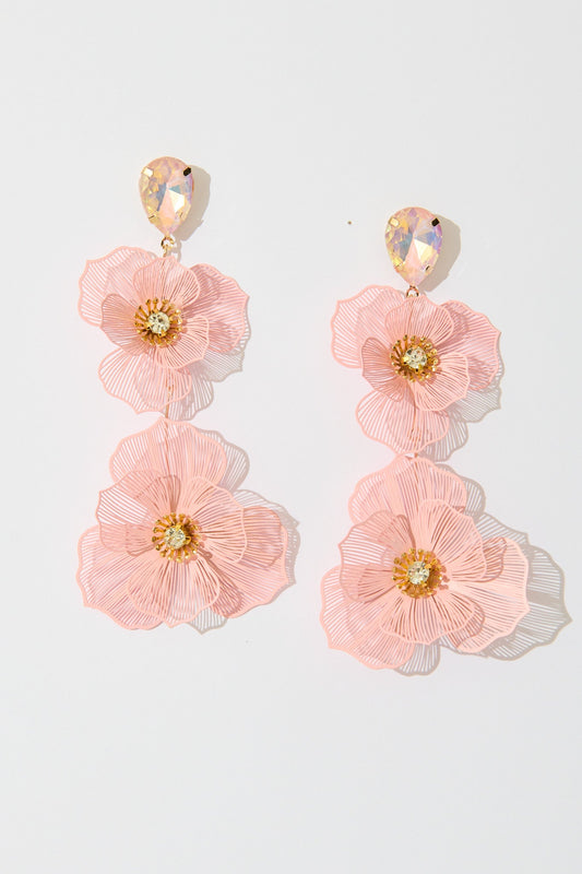 Mariana Double Flower Drop Earrings In Blush with Stone