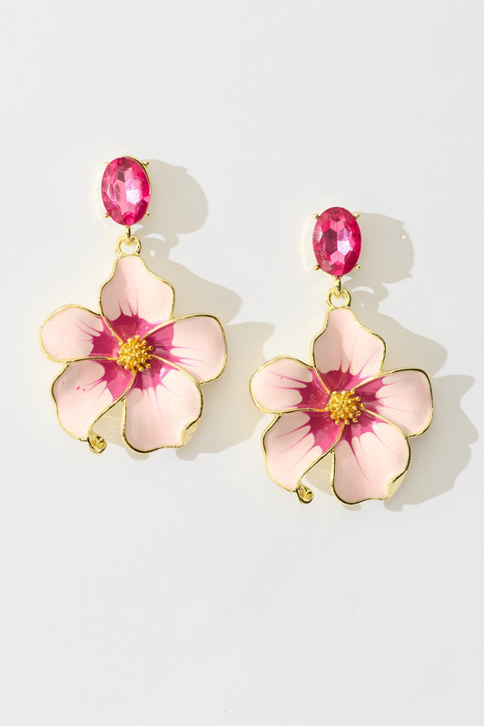 Orchid Drop Earrings in Pink Enamel with Stone