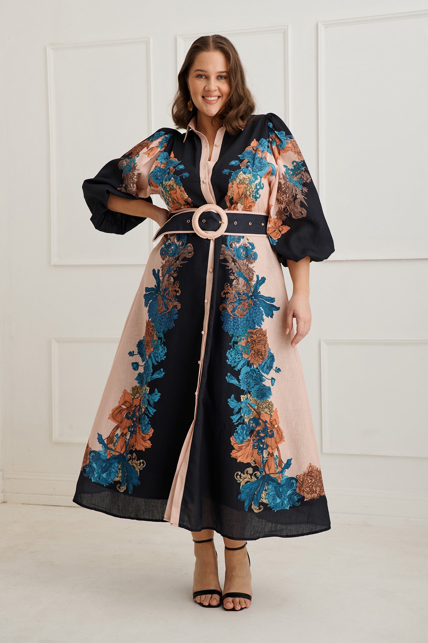 Botanical Bliss Maxi Shirt Dress in Black Multi Floral Linen Blend