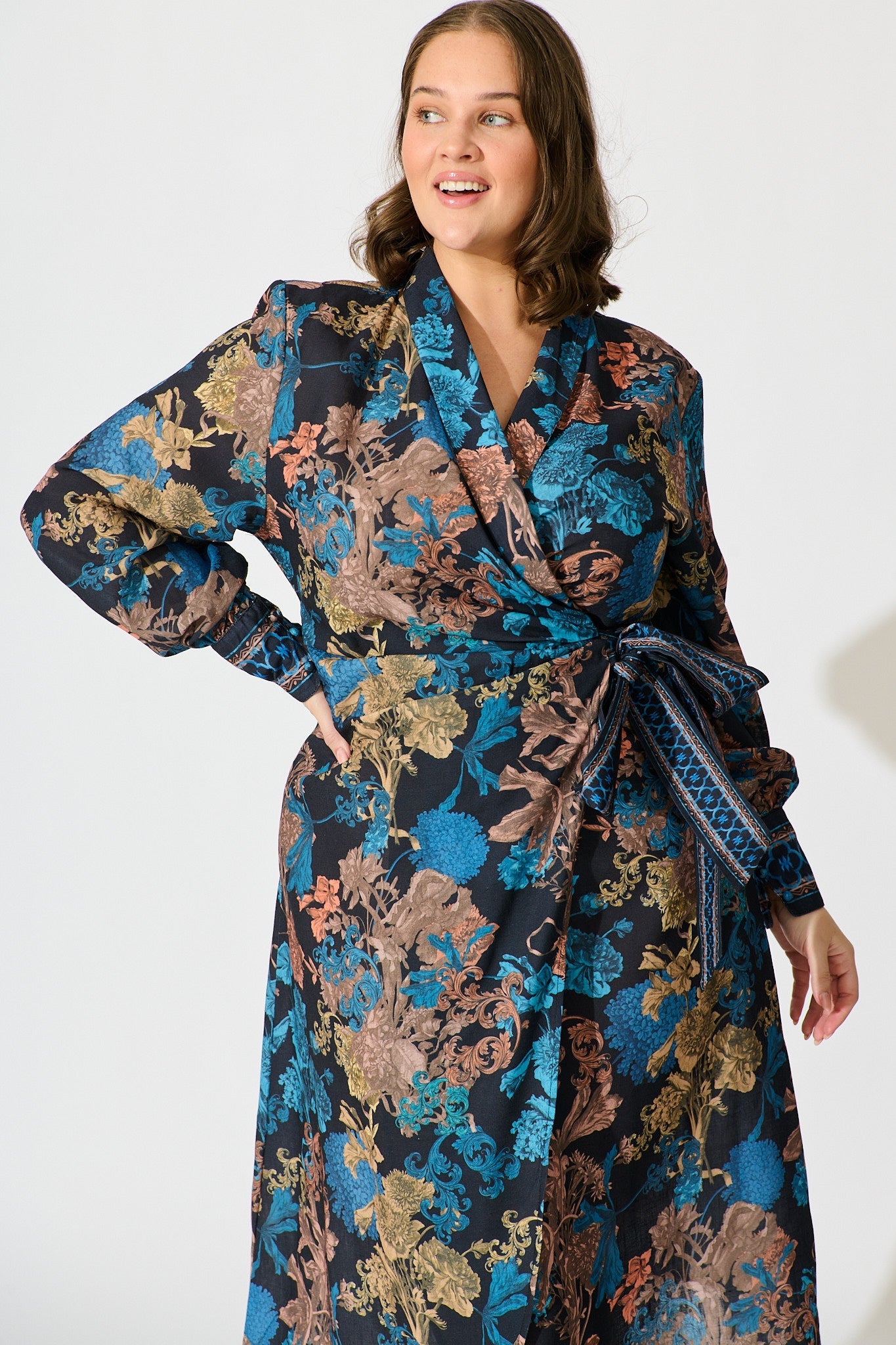 Garden Whispers Midi Dress in Black Multi Floral Linen Blend