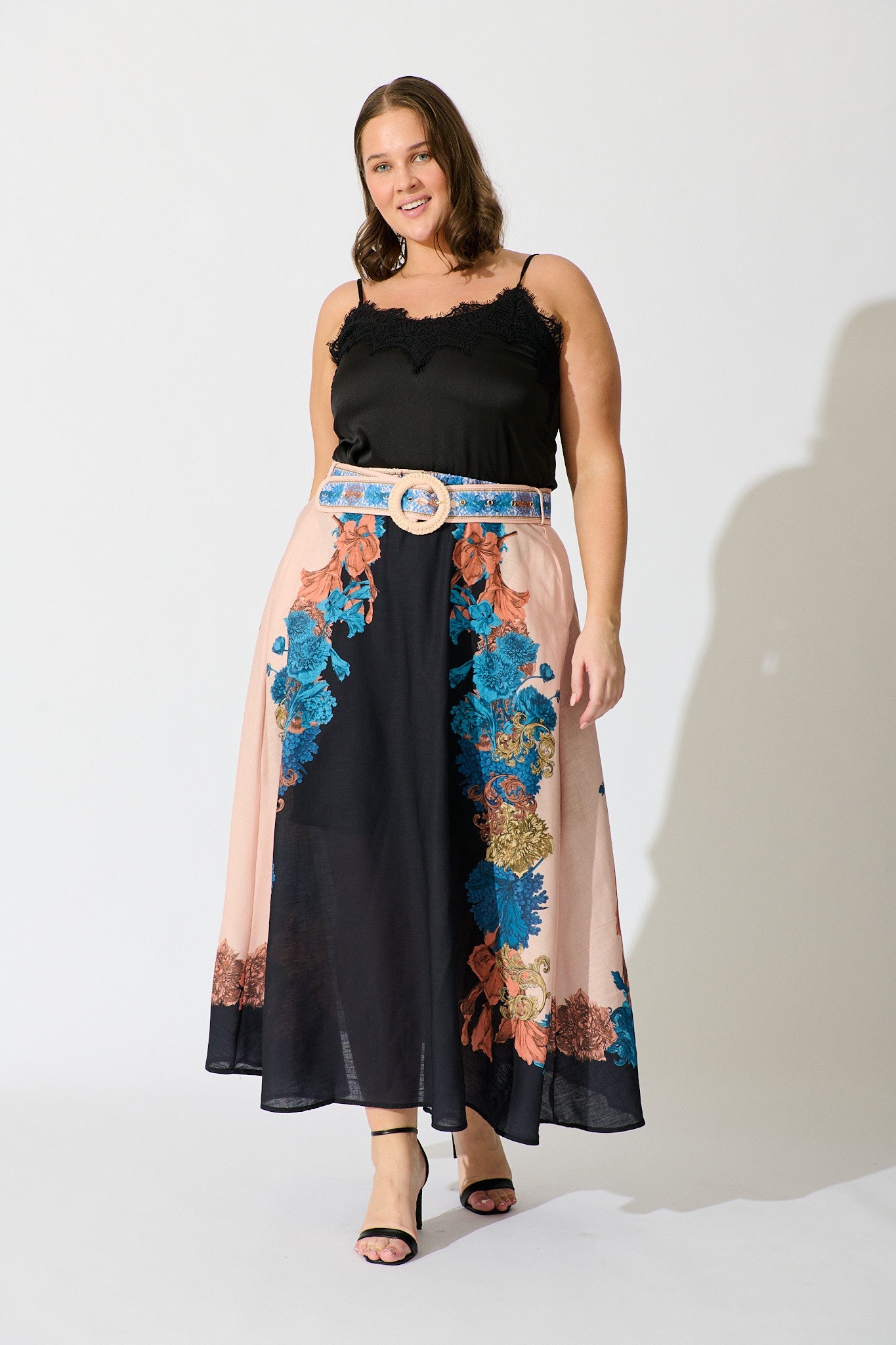Floral Muse Maxi Skirt in Black Multi Floral Linen Blend