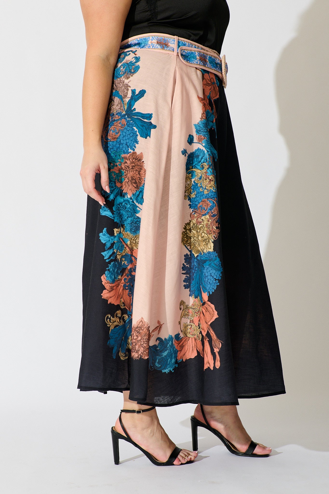 Floral Muse Maxi Skirt in Black Multi Floral Linen Blend