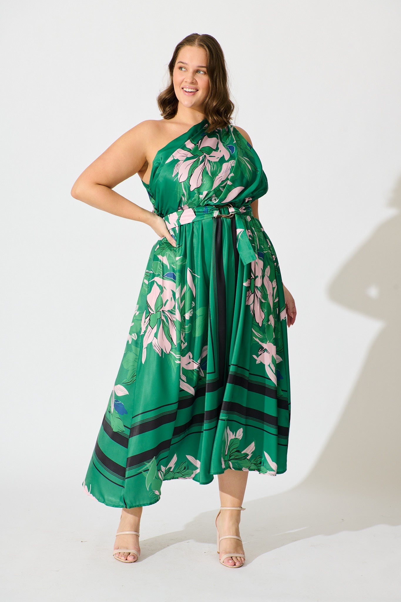 Bernadette One Shoulder Midi Dress In Emerald Print Satin