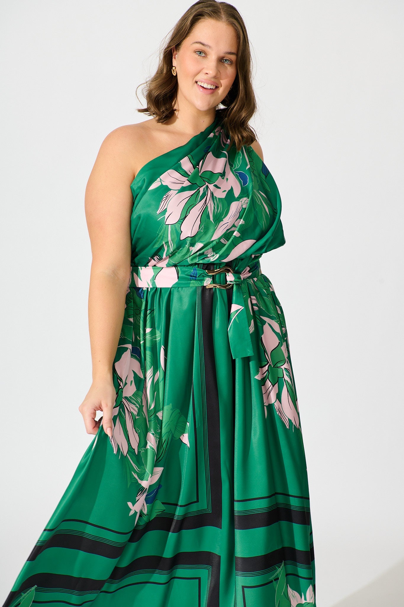 Bernadette One Shoulder Midi Dress In Emerald Print Satin