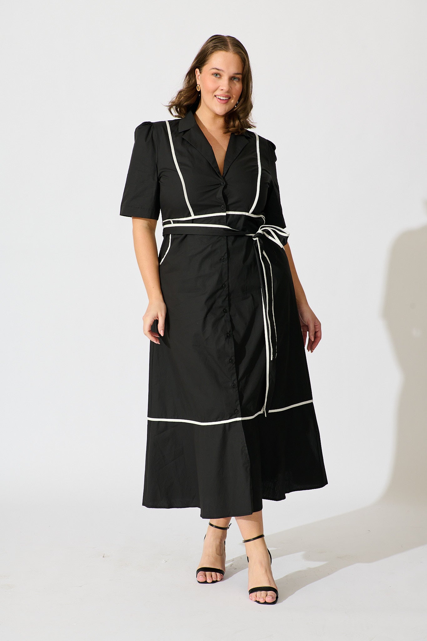 Rhea Maxi Shirt Dress in Black with Contrast Piping Cotton