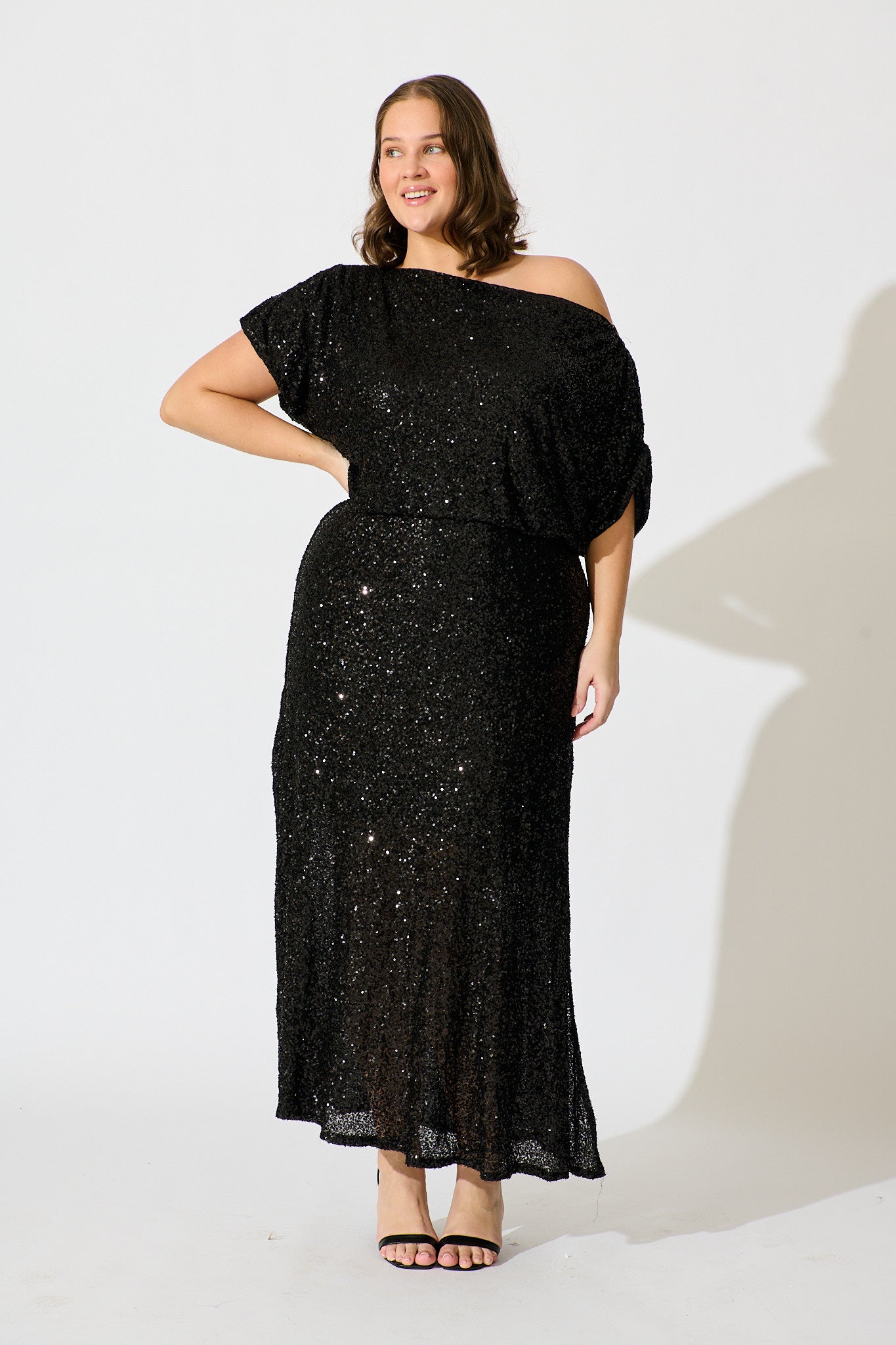 Amiri Off Shoulder Maxi Dress in Black Sequin