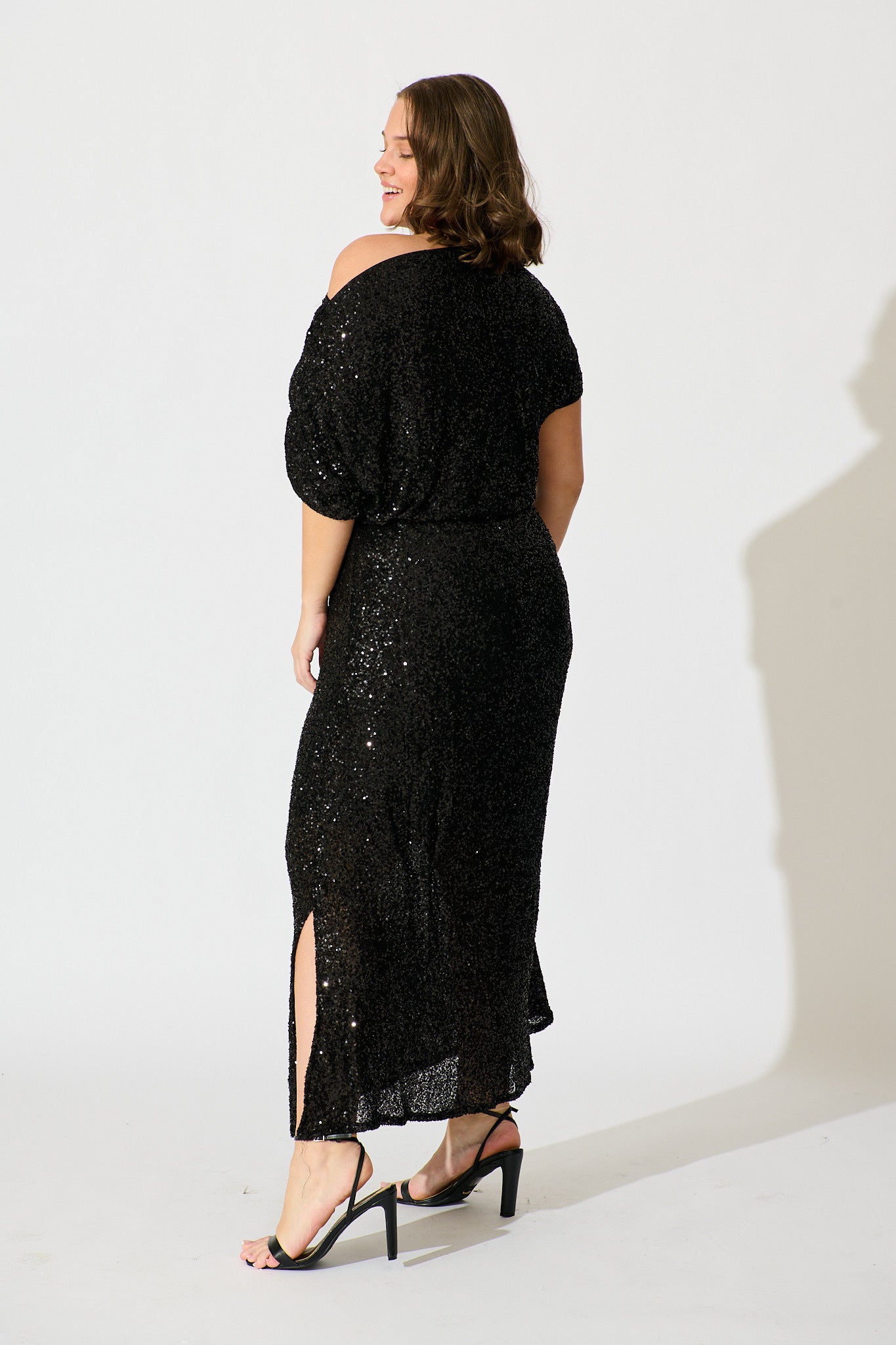 Amiri Off Shoulder Maxi Dress in Black Sequin
