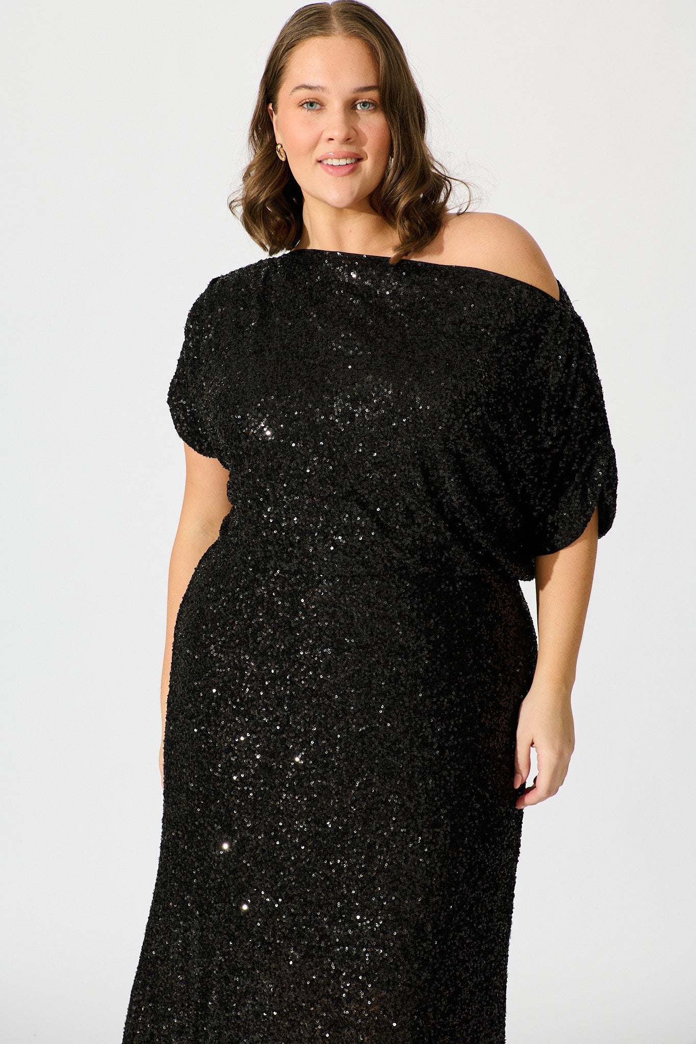 Amiri Off Shoulder Maxi Dress in Black Sequin