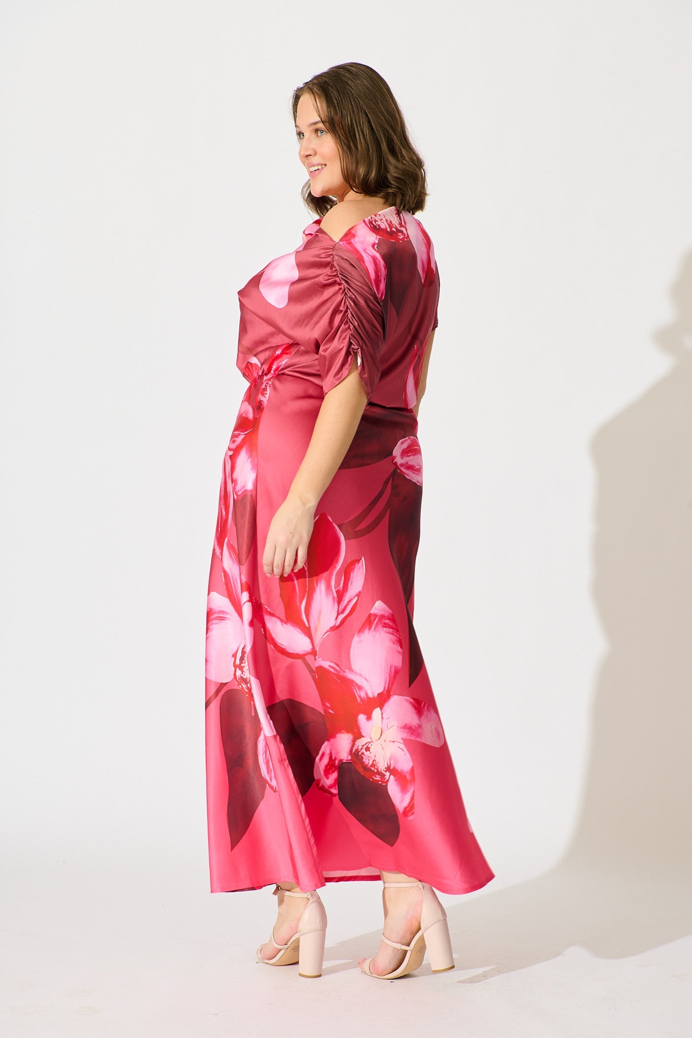 Sarita Maxi Off Shoulder Dress in Multi Pink Floral Satin