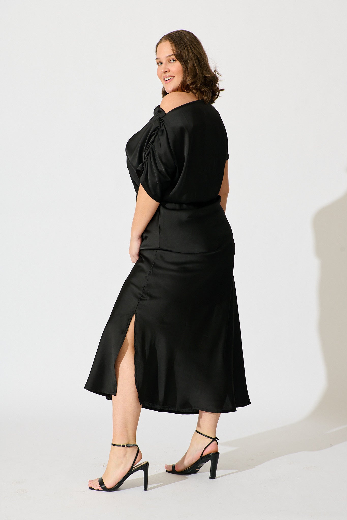 Sarita Maxi Off Shoulder Dress in Black Satin