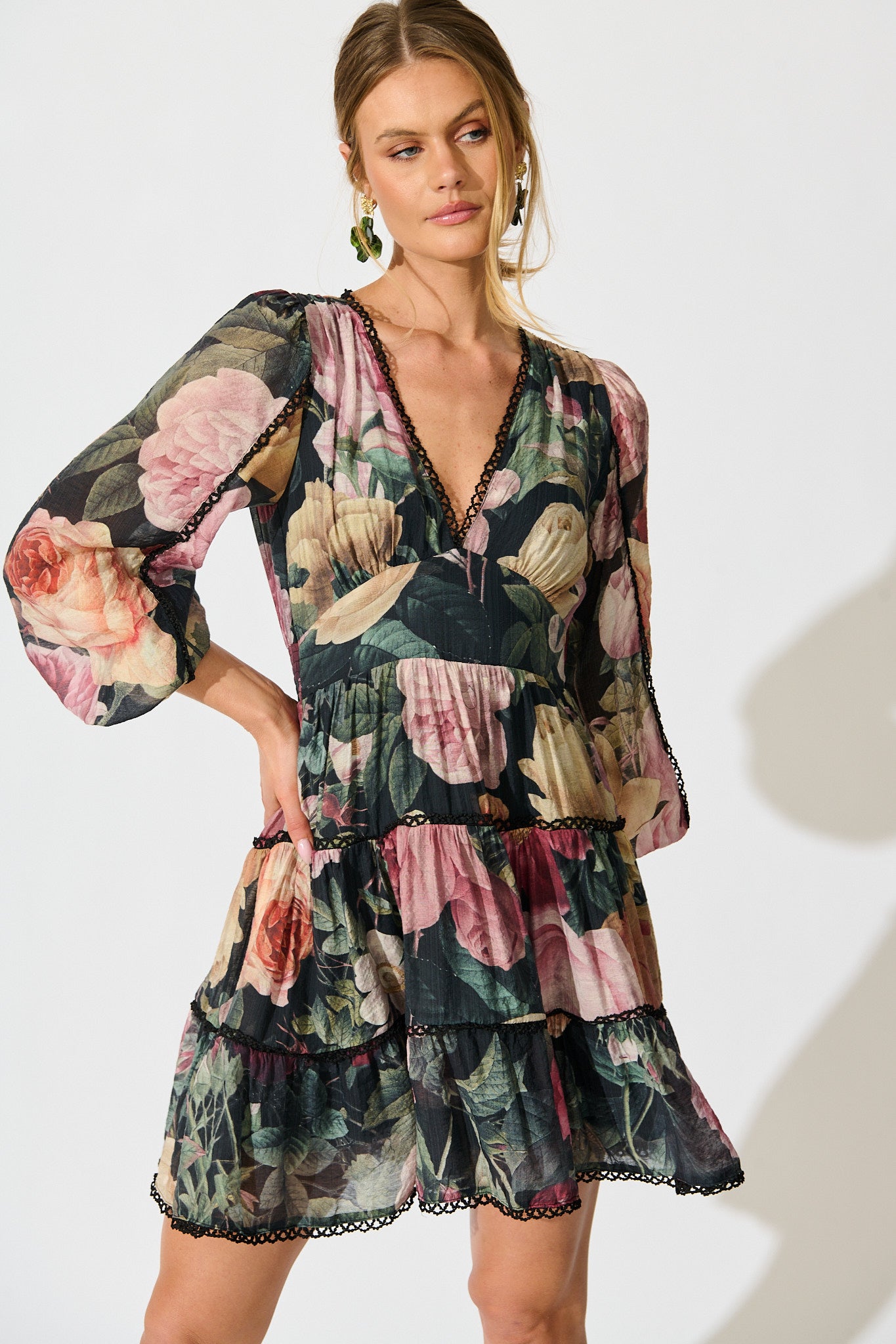 Riverstone Dress in Dark Multi Floral with Black Lace Trim