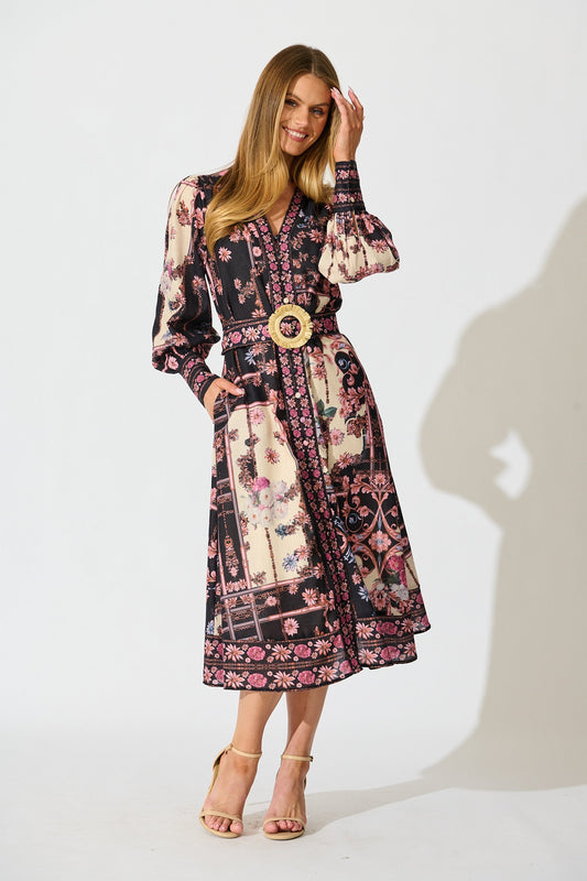 The Etched Garden Midi Dress in Black and Blush Patchwork Floral