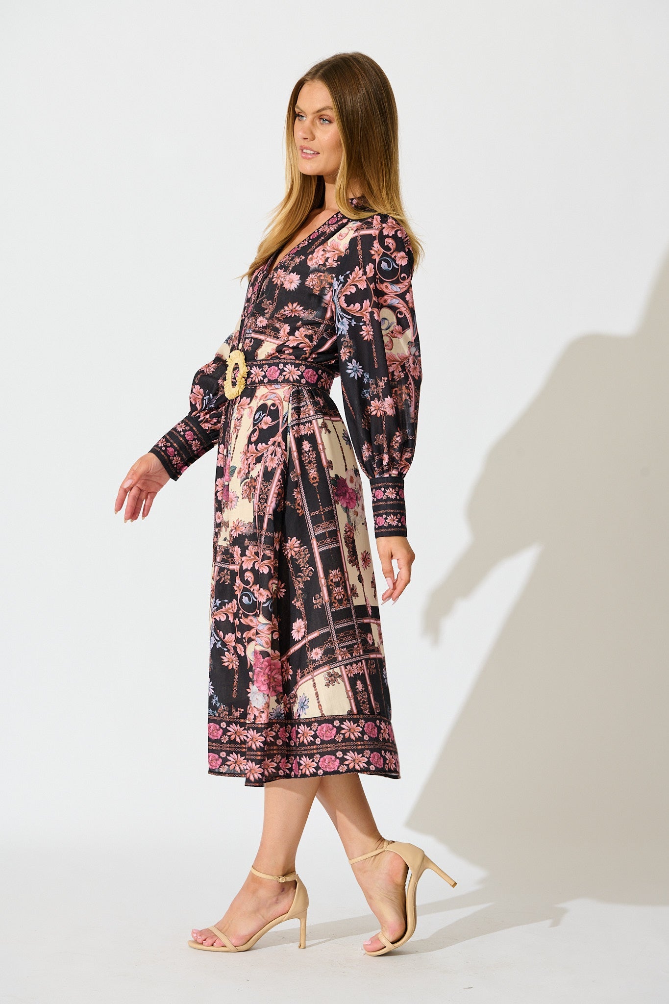 The Etched Garden Midi Dress in Black and Blush Patchwork Floral