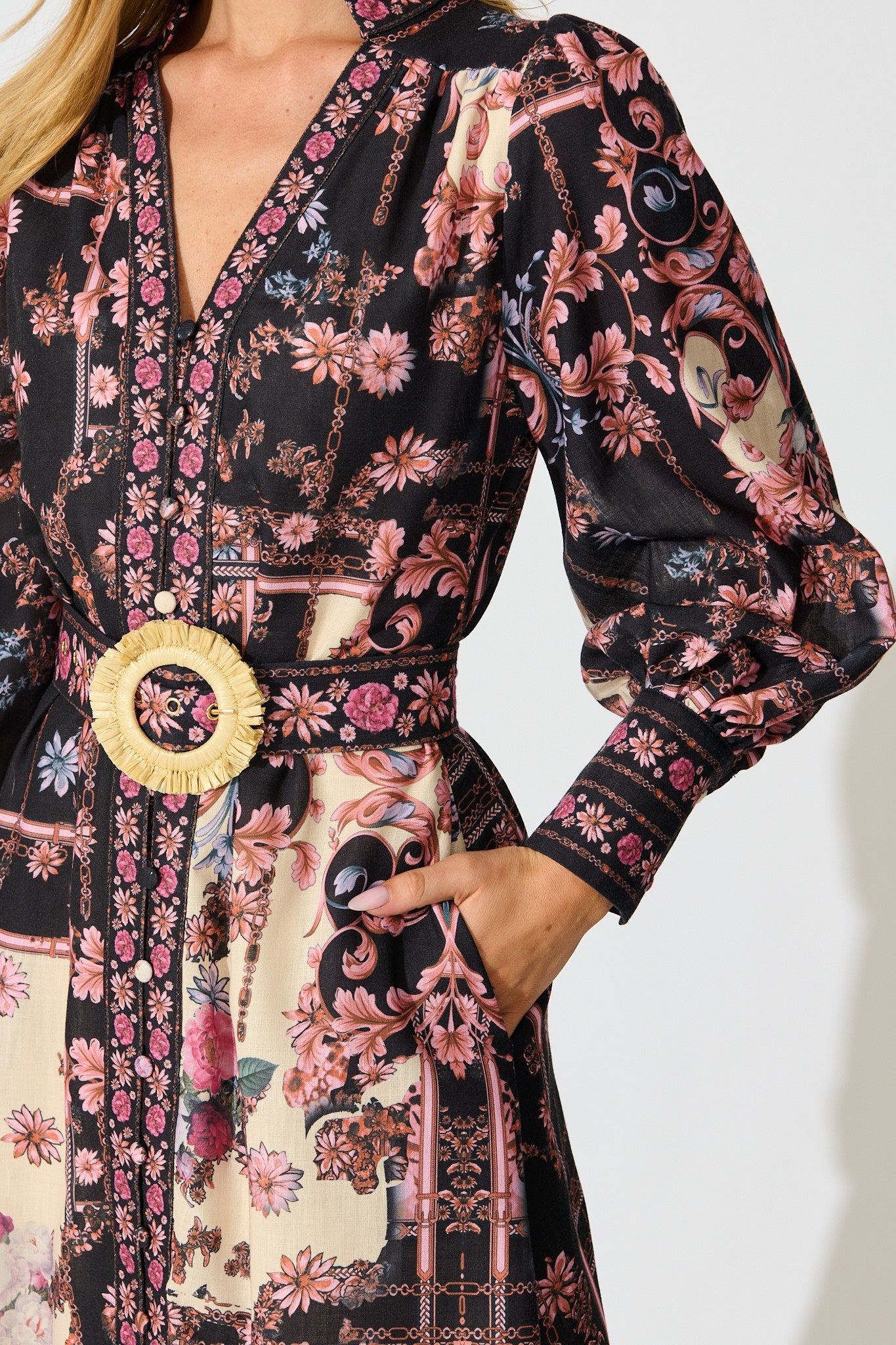 The Etched Garden Midi Dress in Black and Blush Patchwork Floral