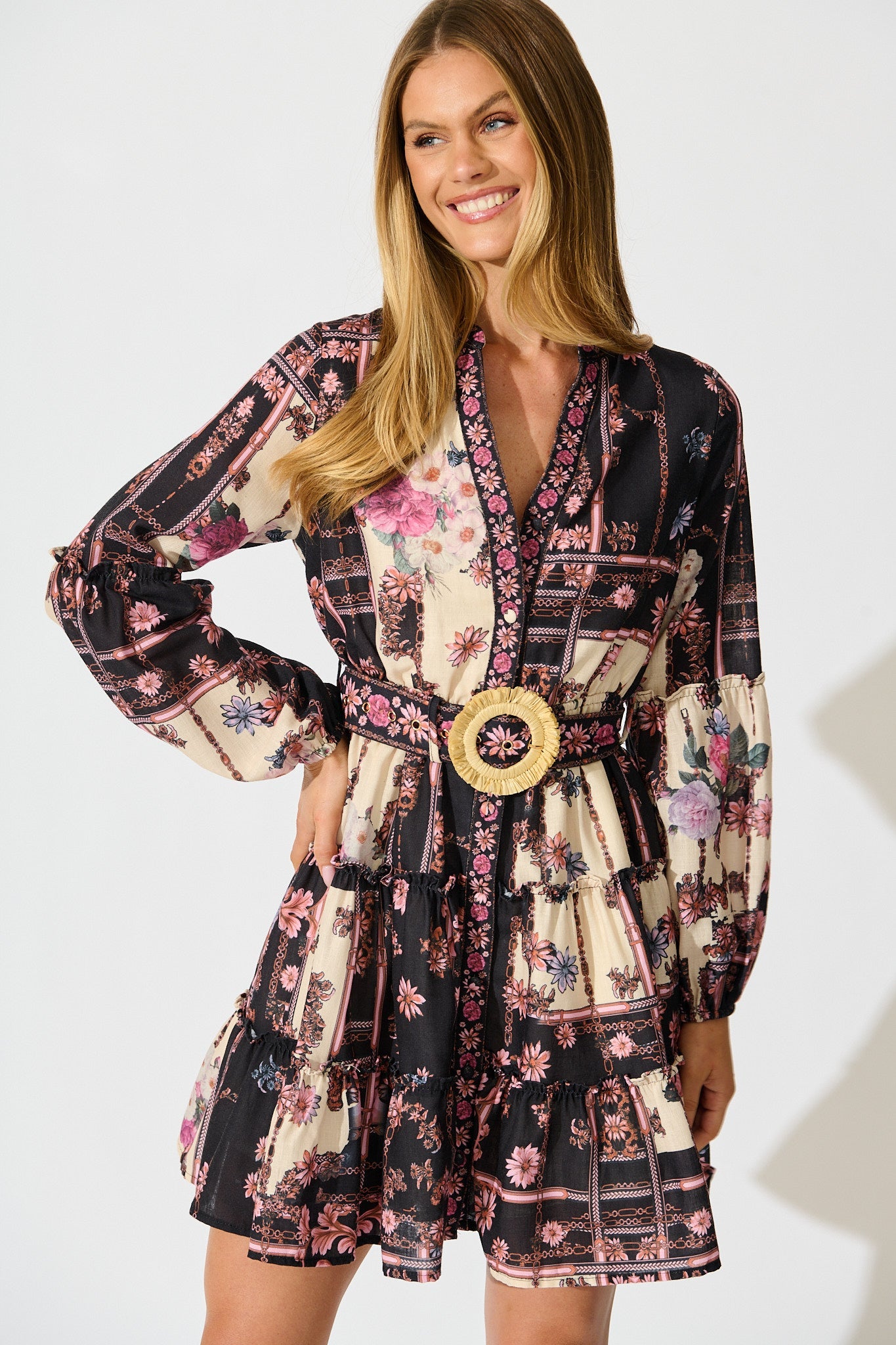 Soft Botanica Dress in Black with Blush Patchwork Floral