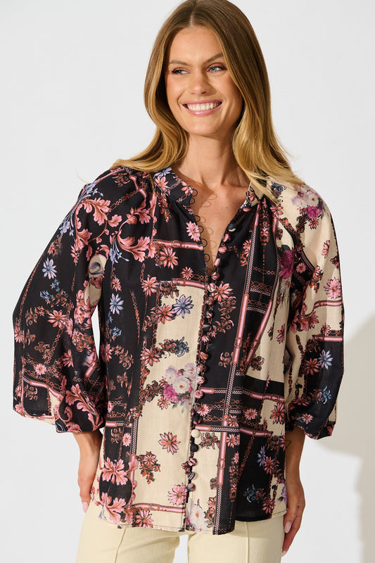 Floral Cascade Top in Black with Blush Patchwork Floral