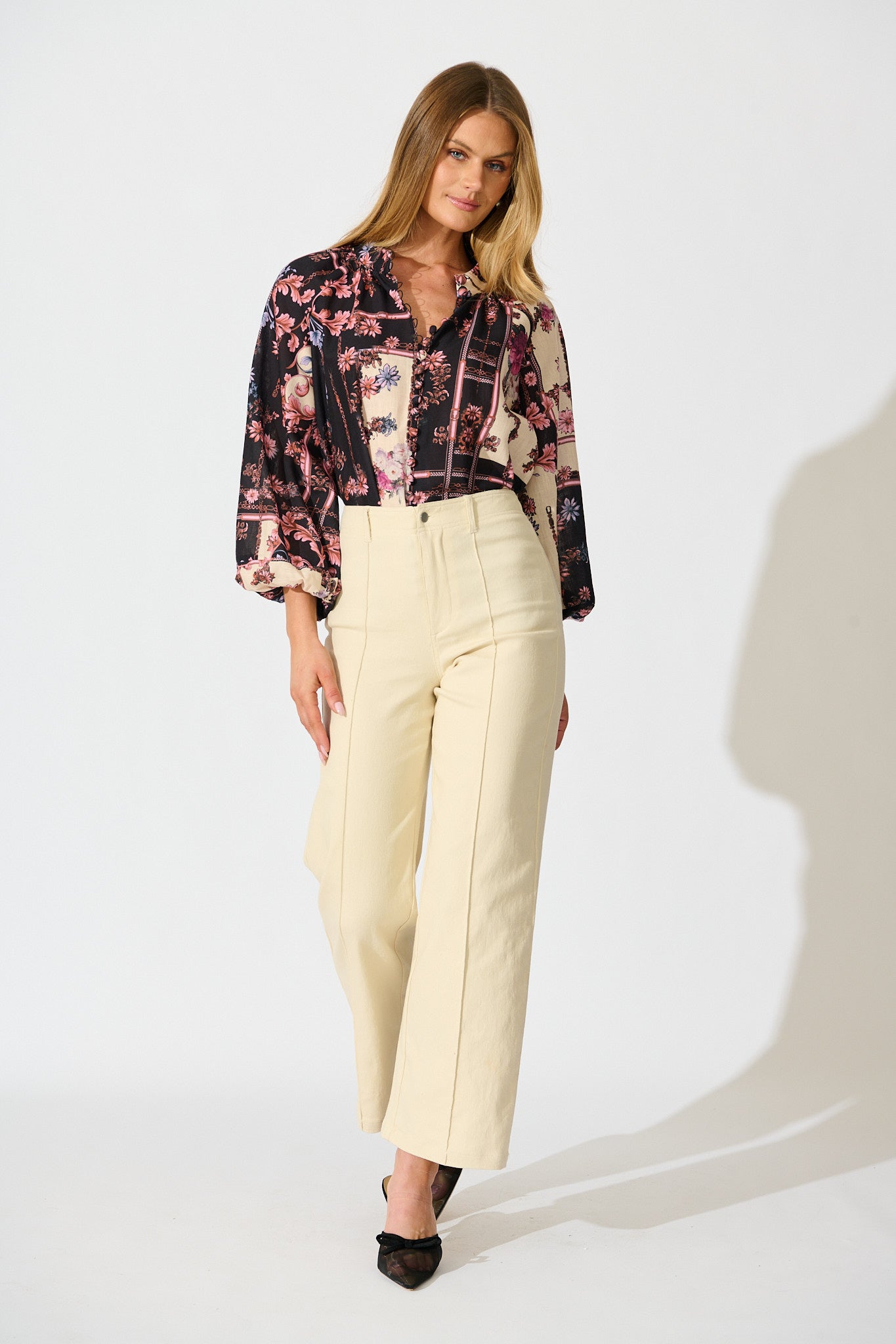 Floral Cascade Top in Black with Blush Patchwork Floral