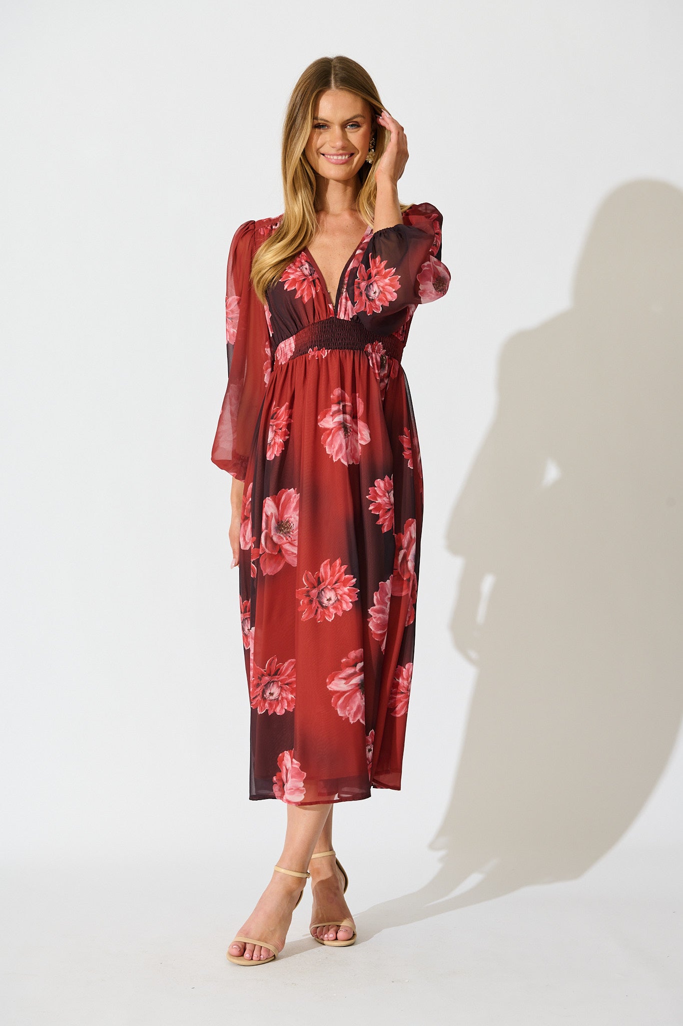 So Devine Midi Dress in Wine and Black Floral