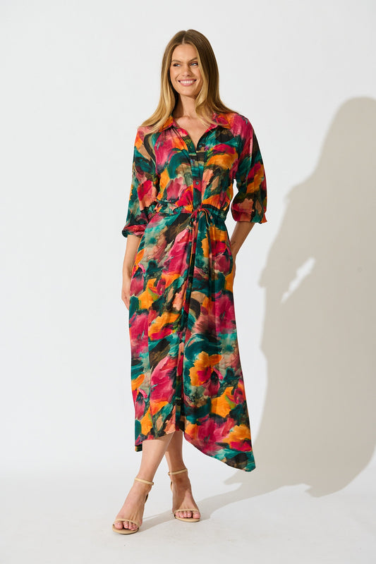 Neroli Midi Shirt Dress in Multi Watercolour Print
