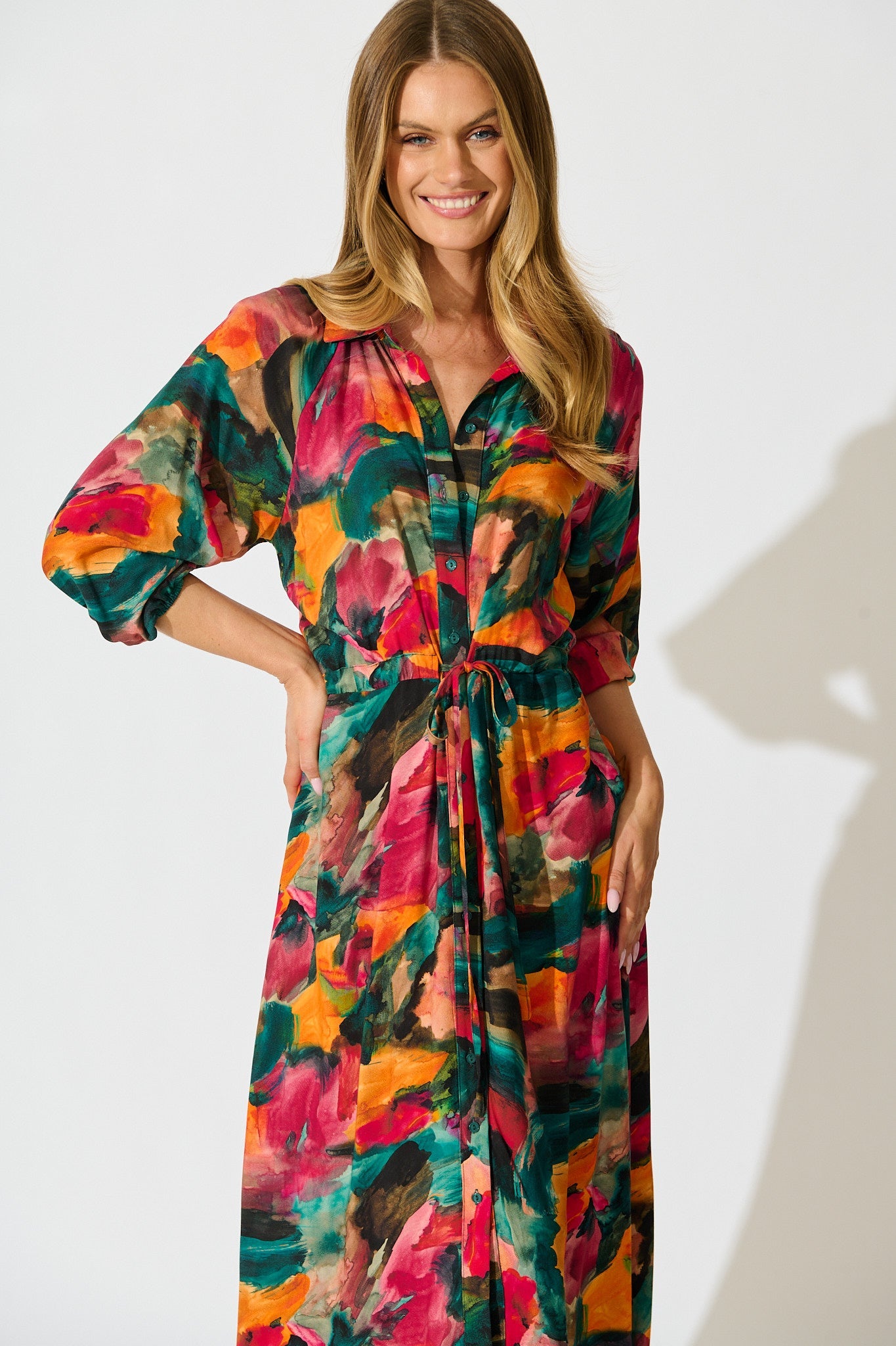 Neroli Midi Shirt Dress in Multi Watercolour Print
