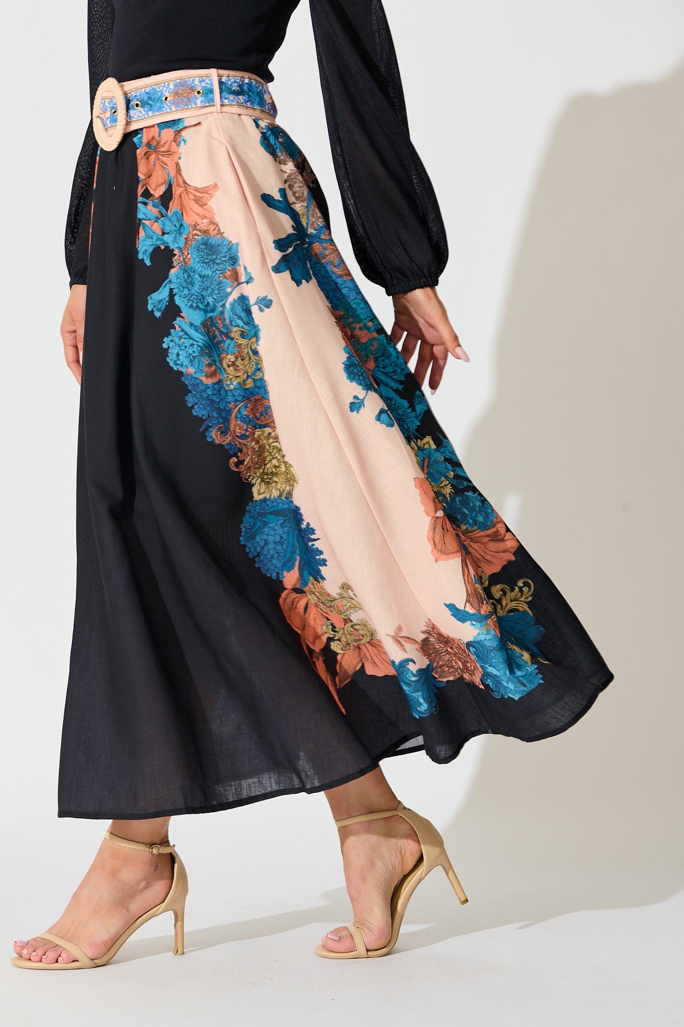 Floral Muse Maxi Skirt in Black Multi Floral Linen Blend