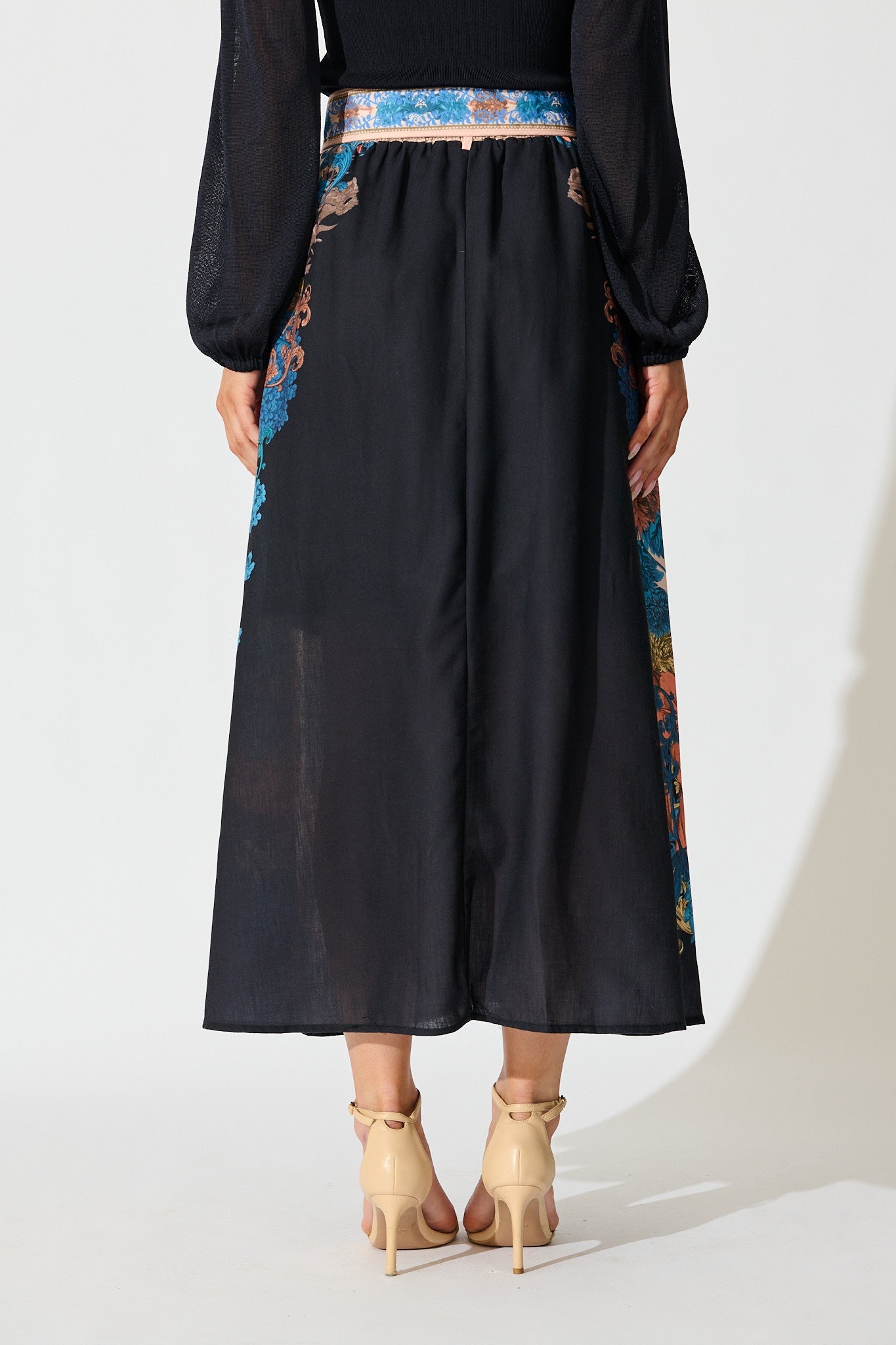Floral Muse Maxi Skirt in Black Multi Floral Linen Blend