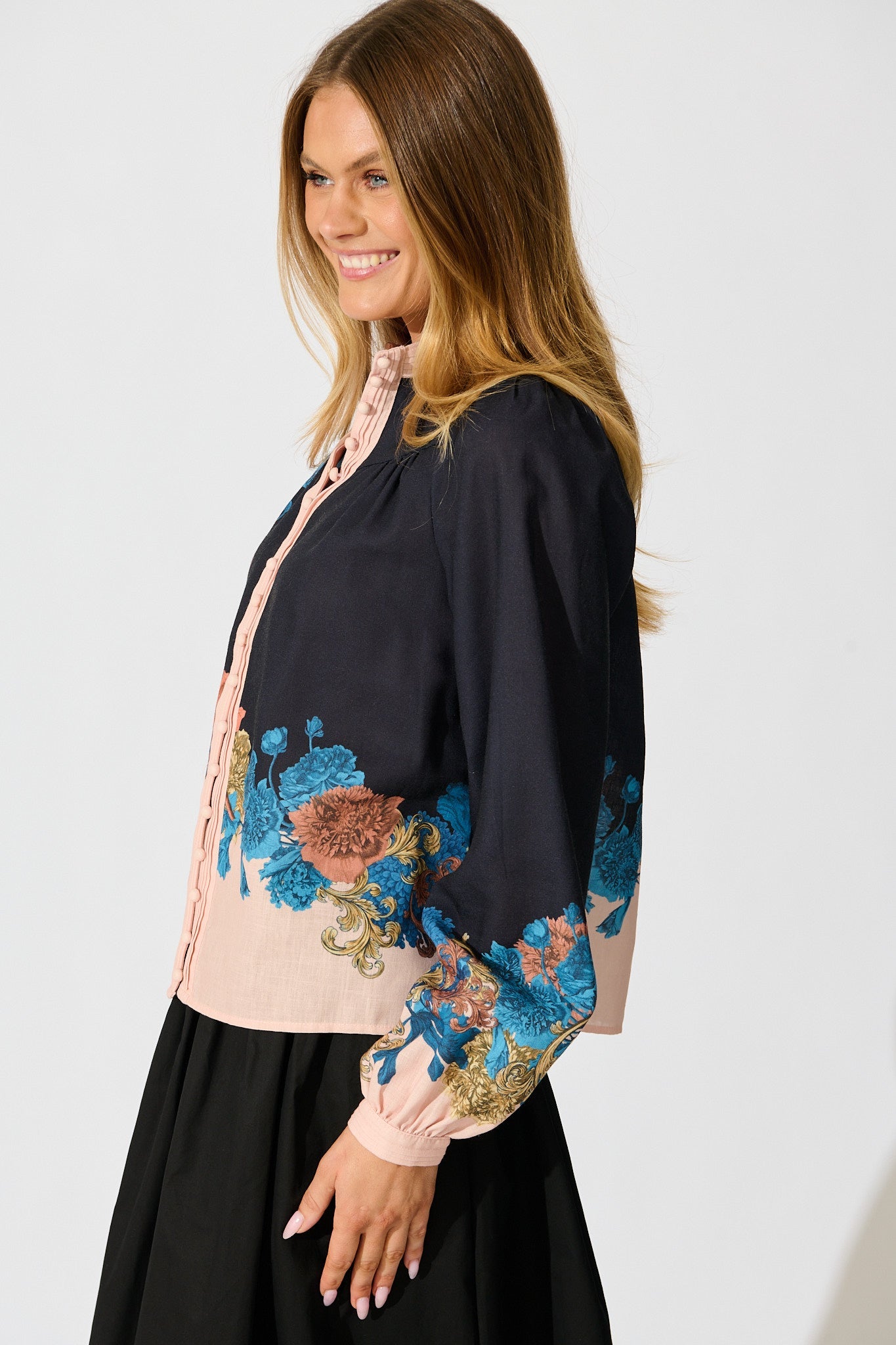 Secret Bloom Blouse Top in Black Multi Floral Linen Blend