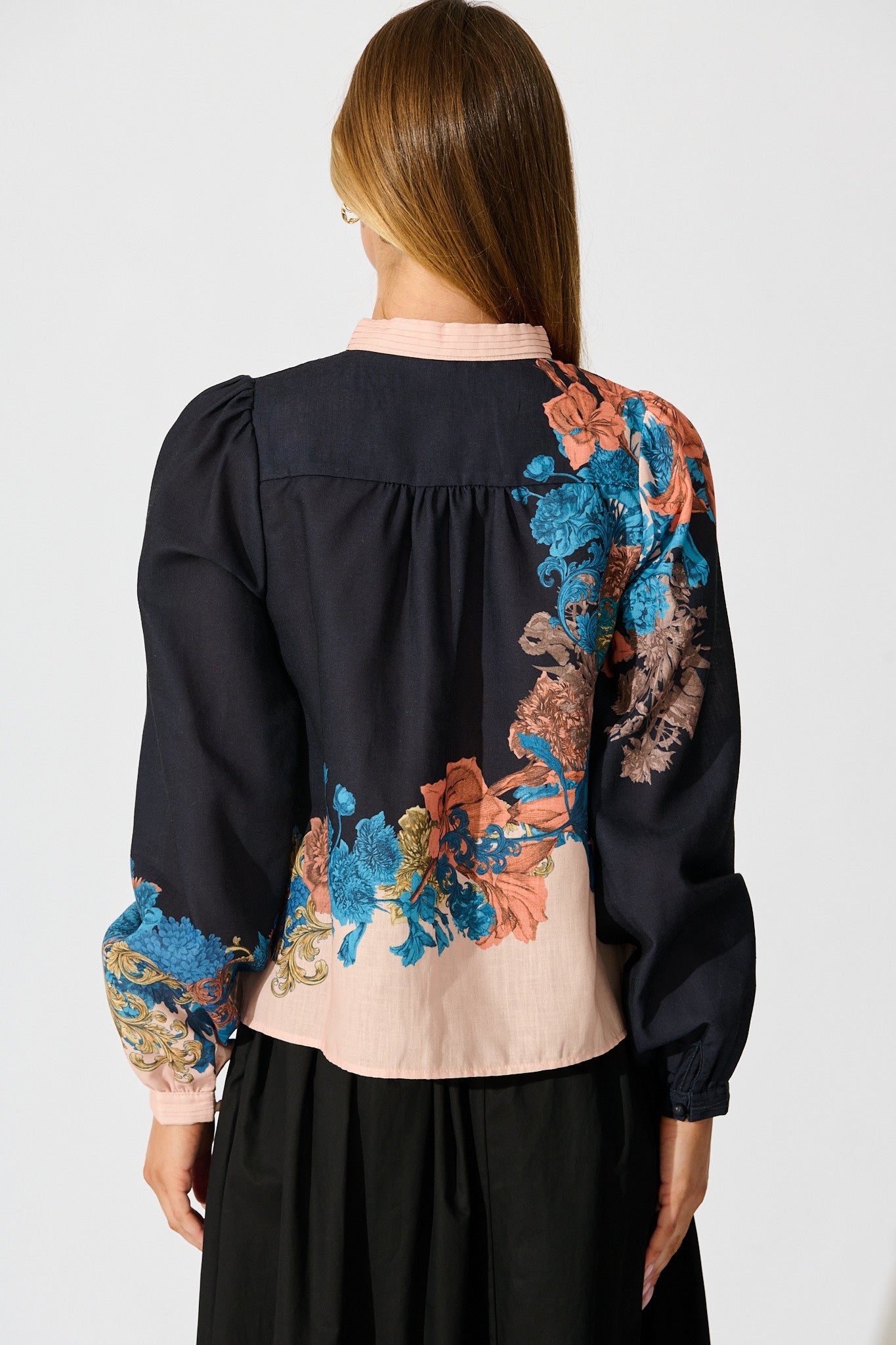 Secret Bloom Blouse Top in Black Multi Floral Linen Blend