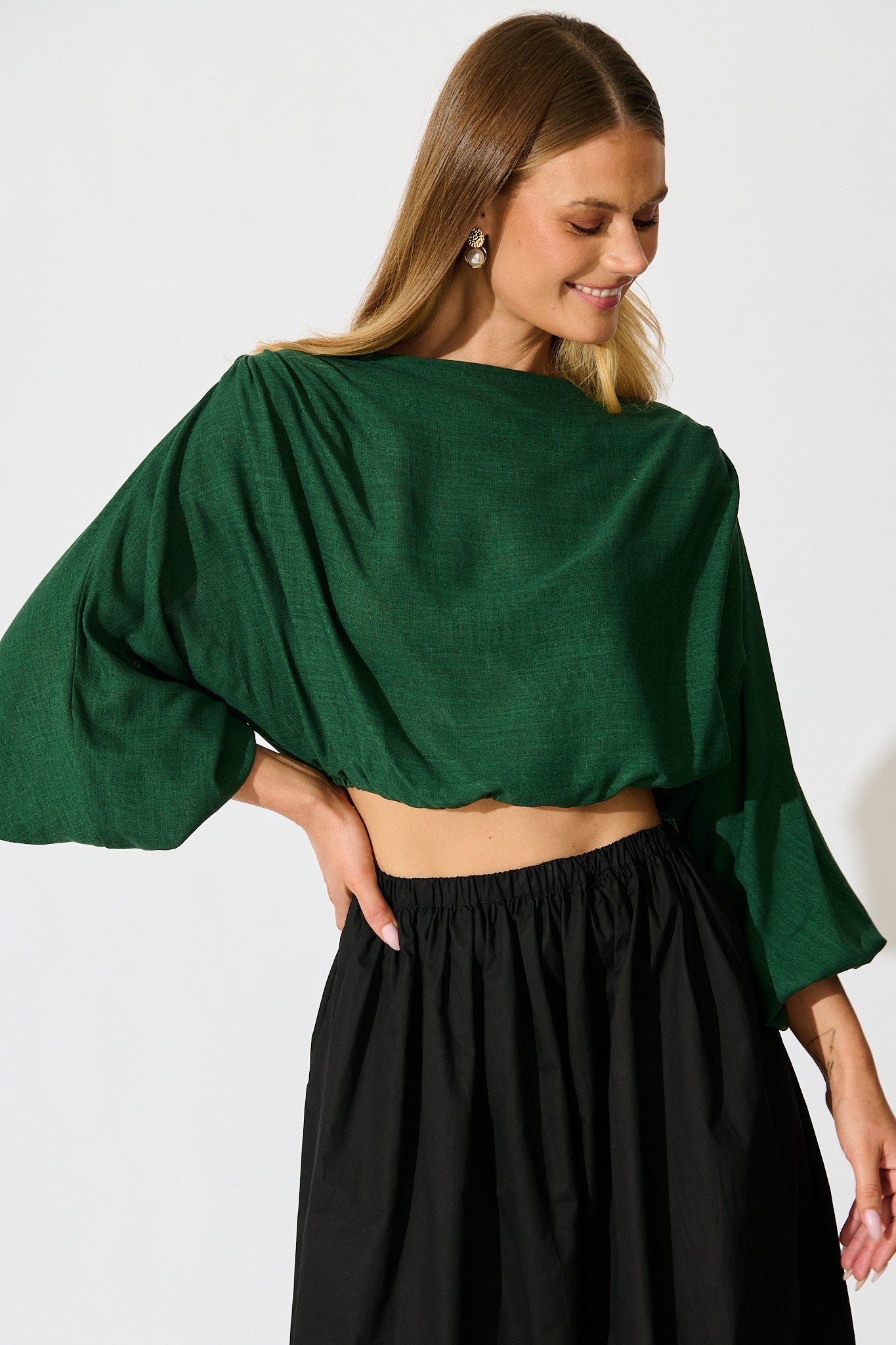 Zita Off Shoulder Top in Emerald Cotton Linen