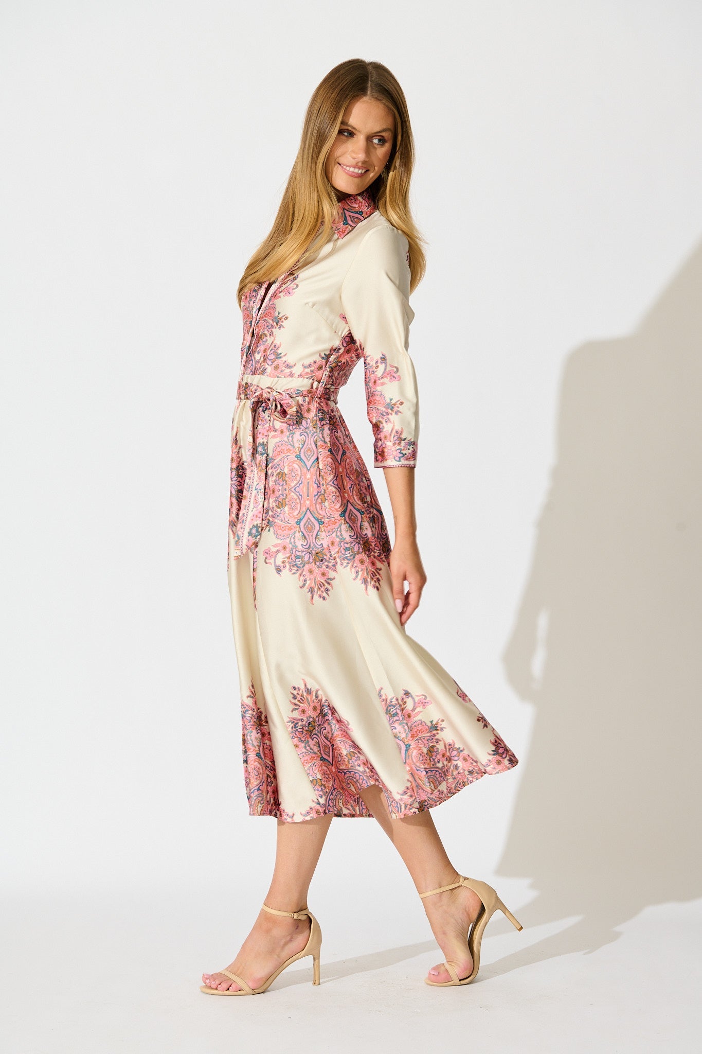 Alvana Midi Shirt Dress in Cream and Pink Print Satin
