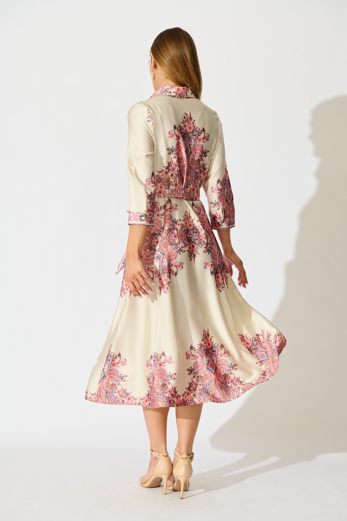 Alvana Midi Shirt Dress in Cream and Pink Print Satin