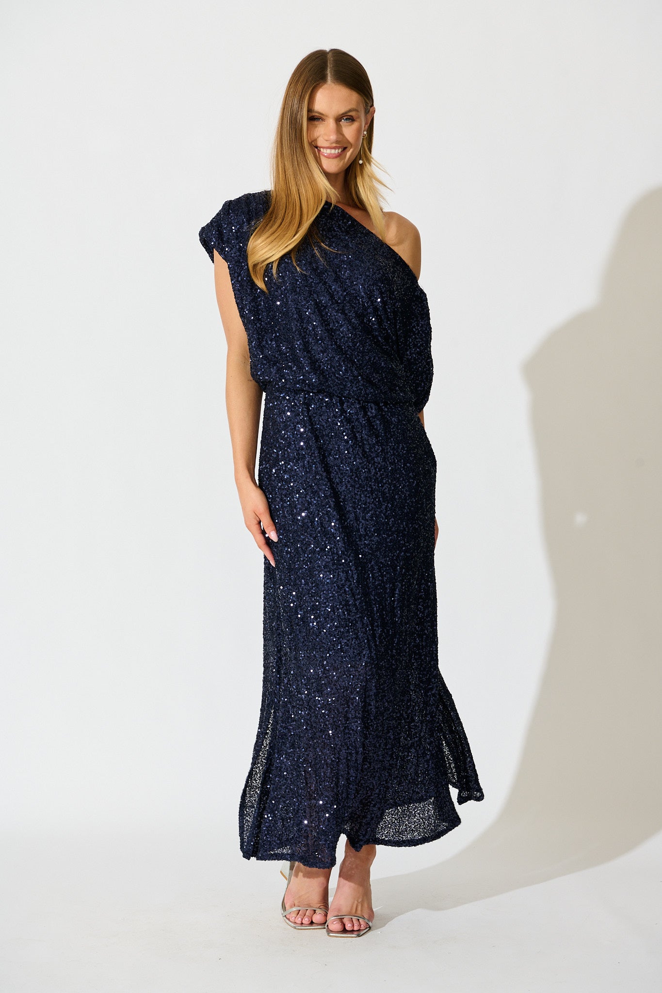 Amiri Off Shoulder Maxi Dress in Navy Sequin
