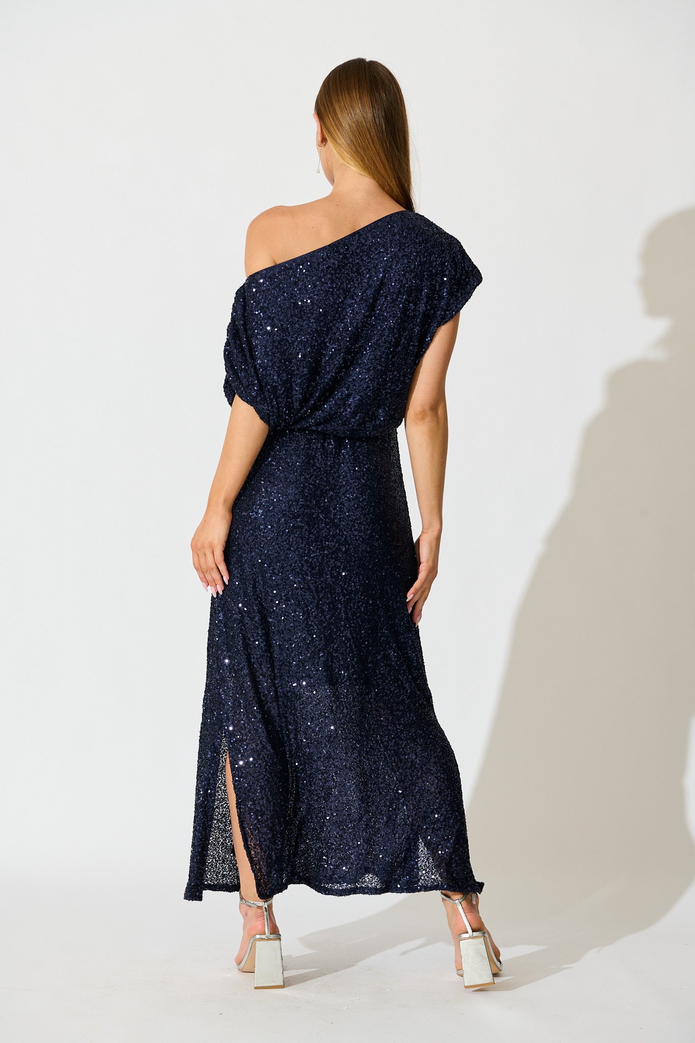 Amiri Off Shoulder Maxi Dress in Navy Sequin